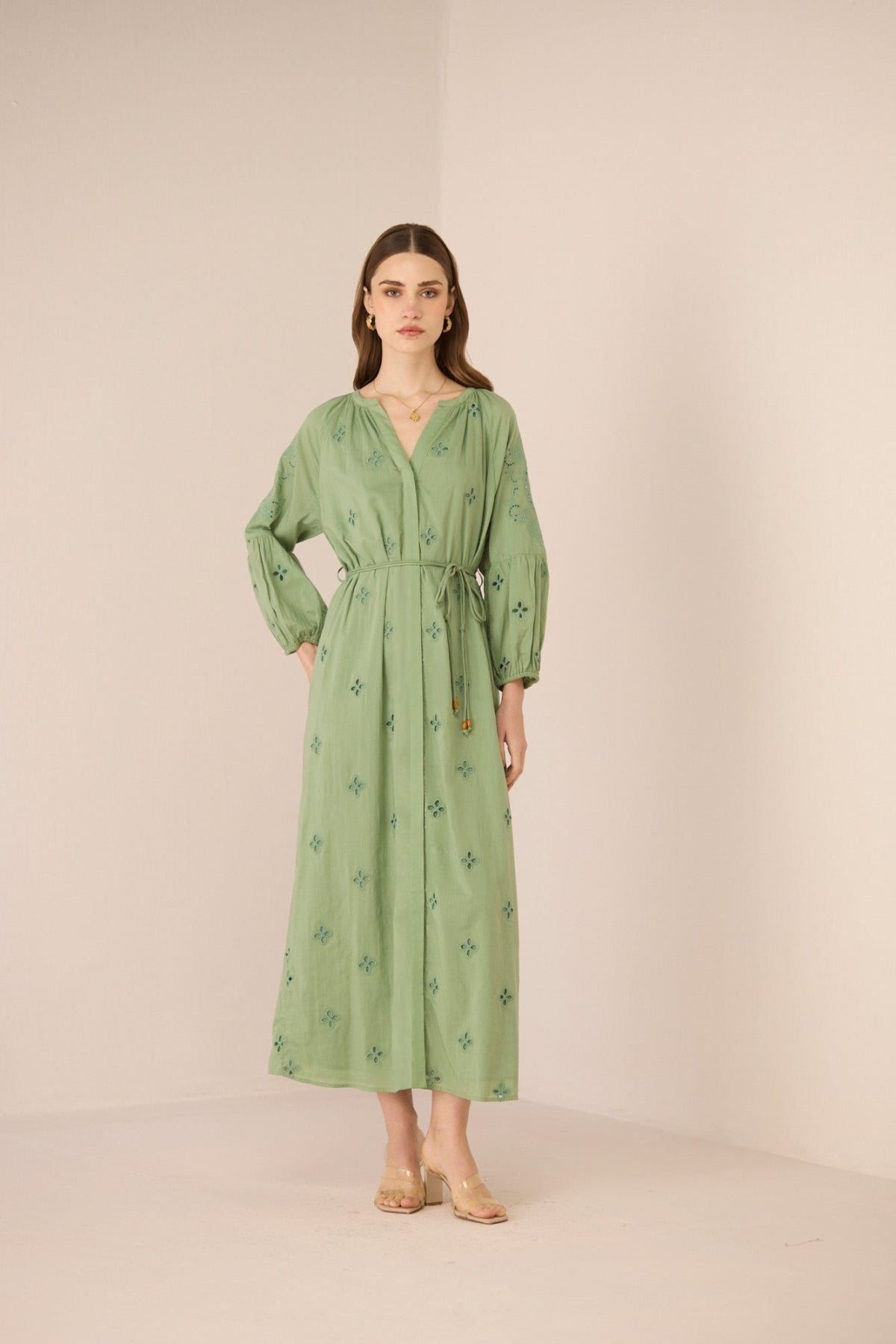 Epsom Green Broderie Cotton Maxi Shirt Dress