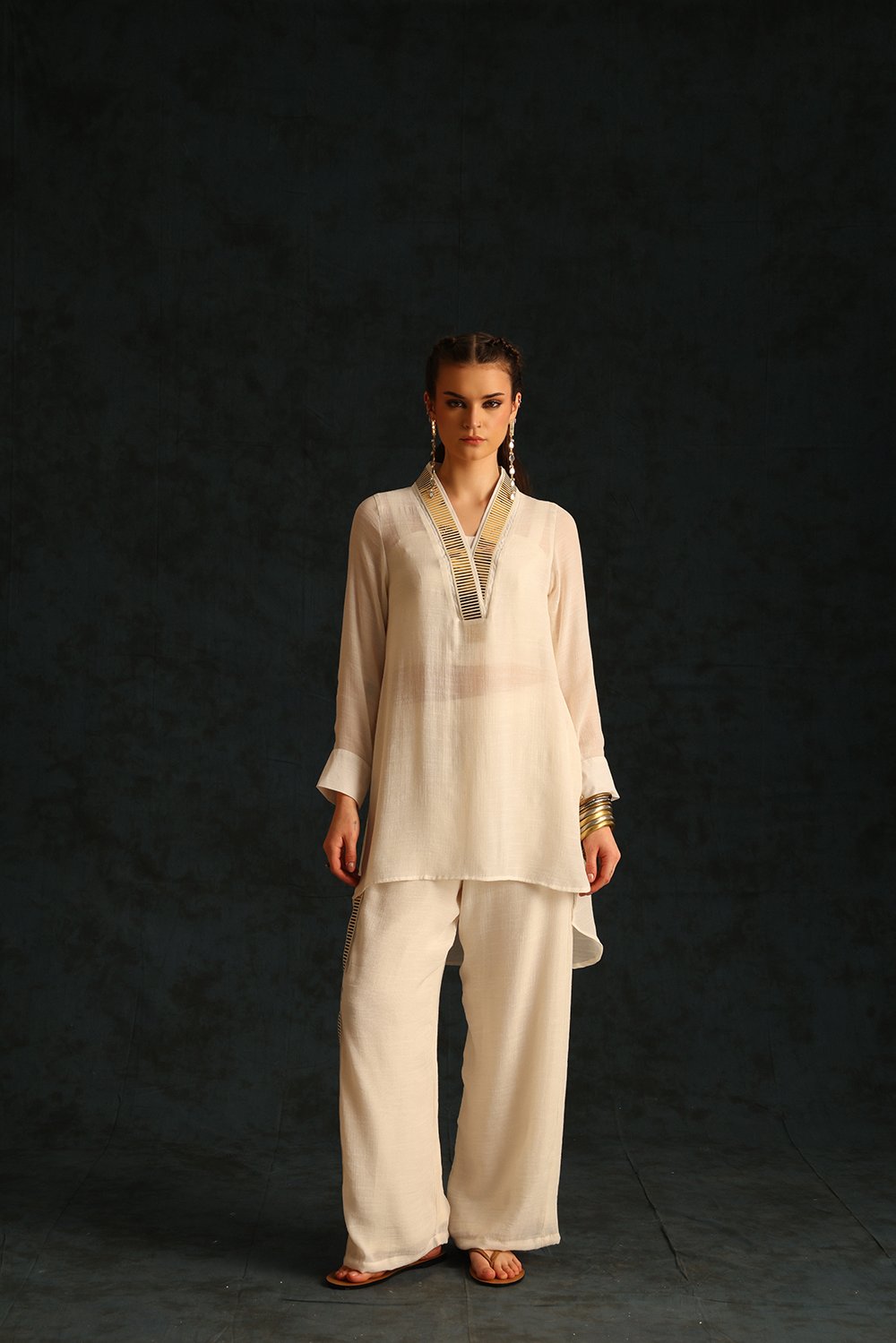 Off-White Foil-Lace Tunic and Palazzo Co-ord Set