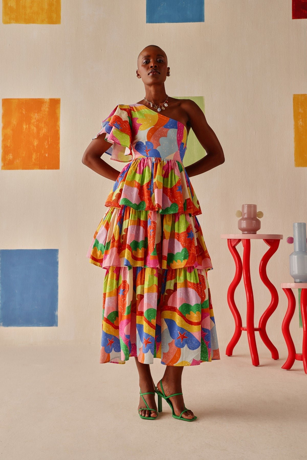 Multicolor One-Shoulder Tiered Midi Cotton Dress