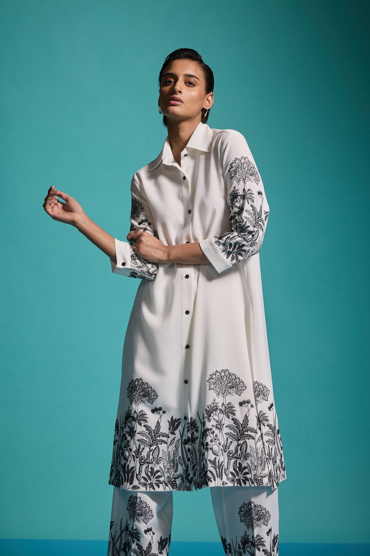 Ivory Longline Outline Embroidered Shirt with Black Buttons