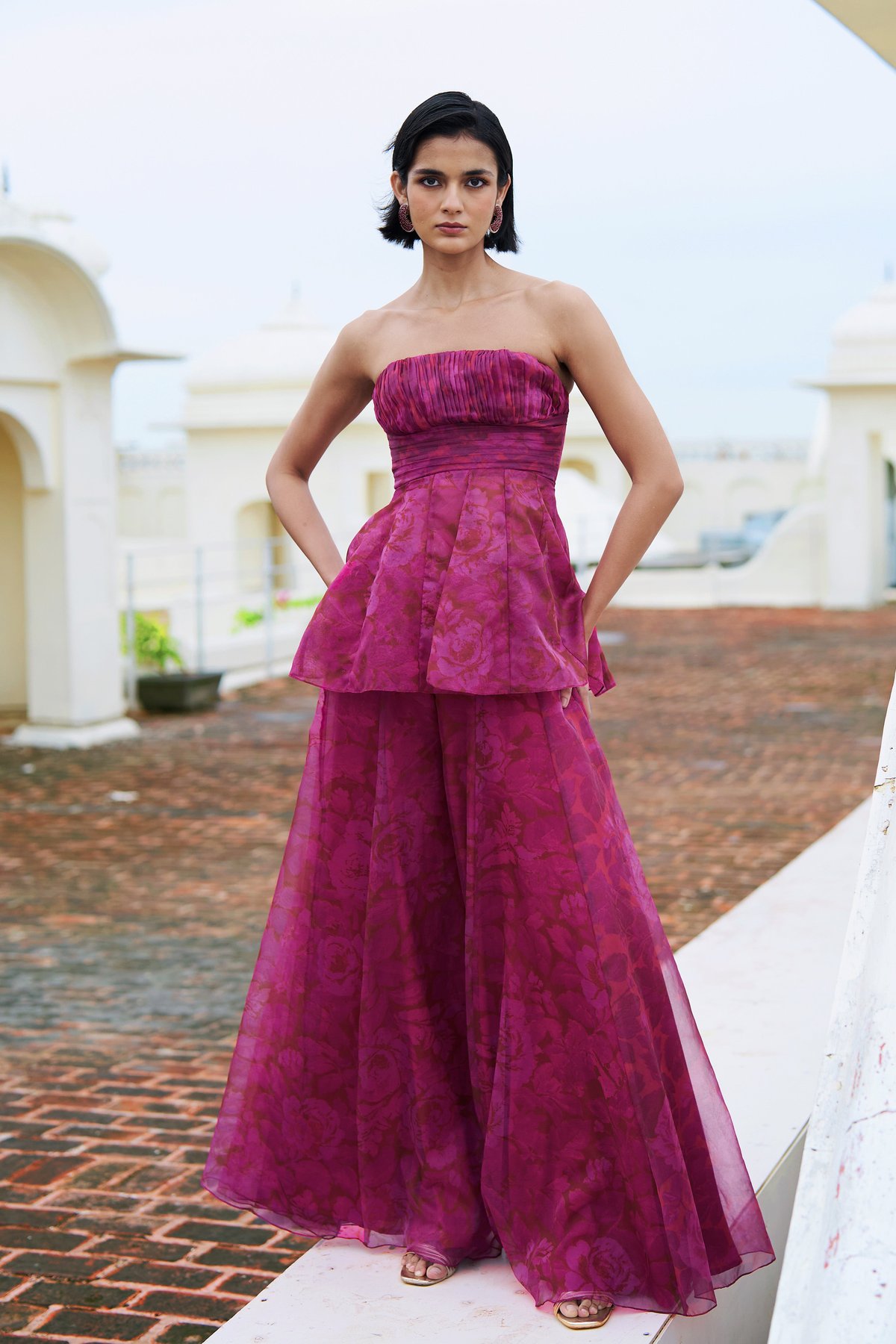 Fuchsia Off-Shoulder Organza Printed Peplum Top