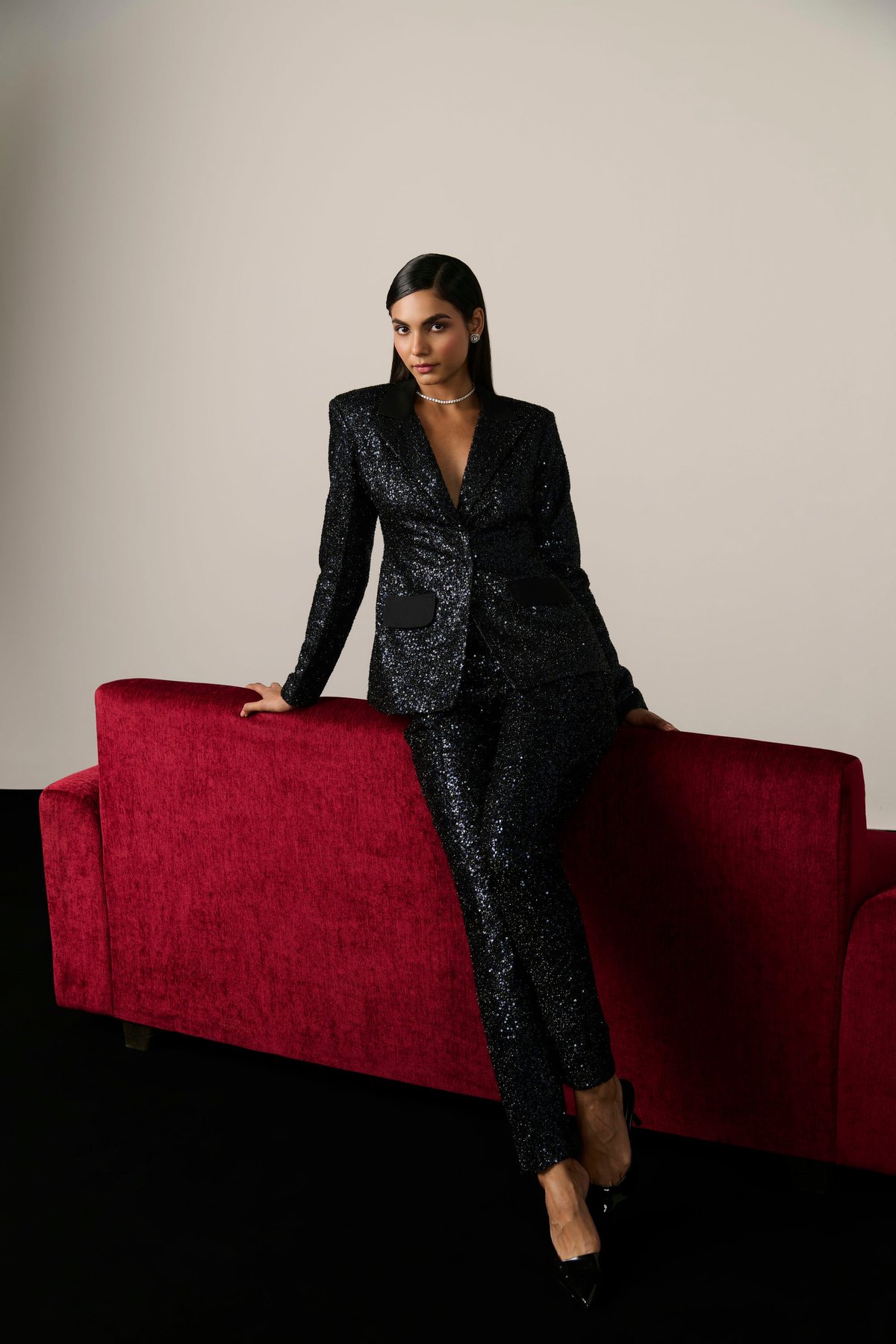Ink Blue Sequin Blazer and Straight Trouser Co-ord Set