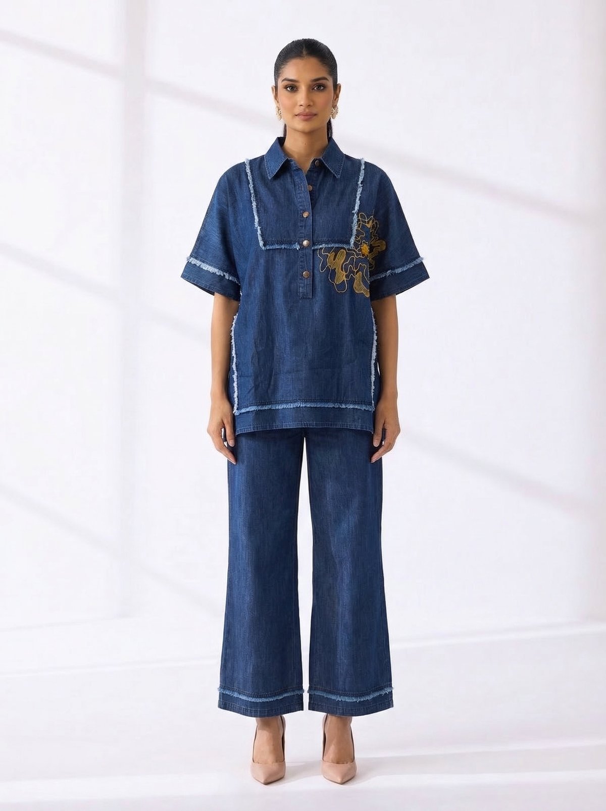 Blue Denim Oversized Shirt and Wide-Leg Pants Co-ord Set
