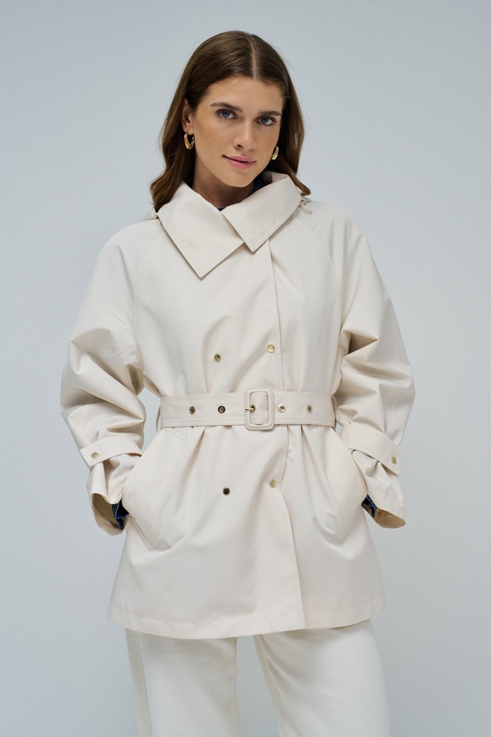 Beige Hooded Belted Trench Coat
