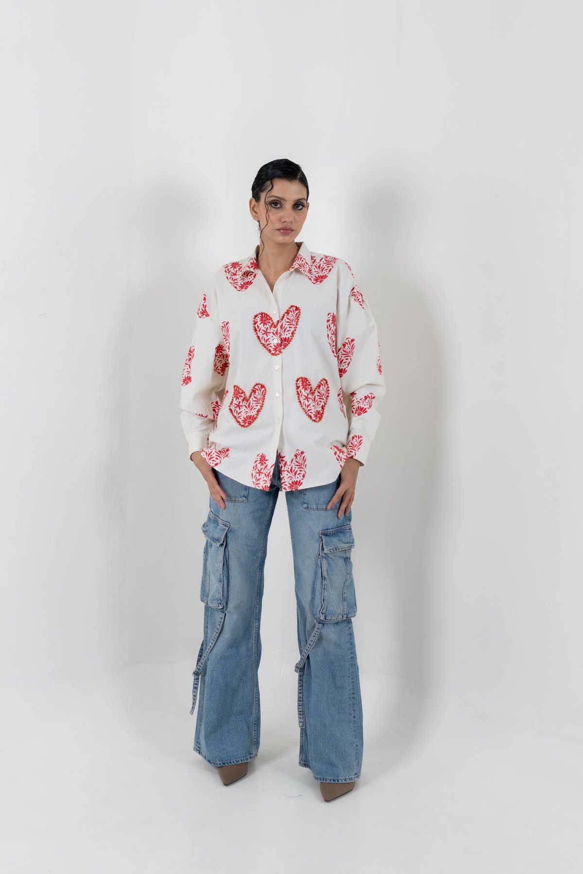 White and Red Heart Print Beaded Button-Down Shirt