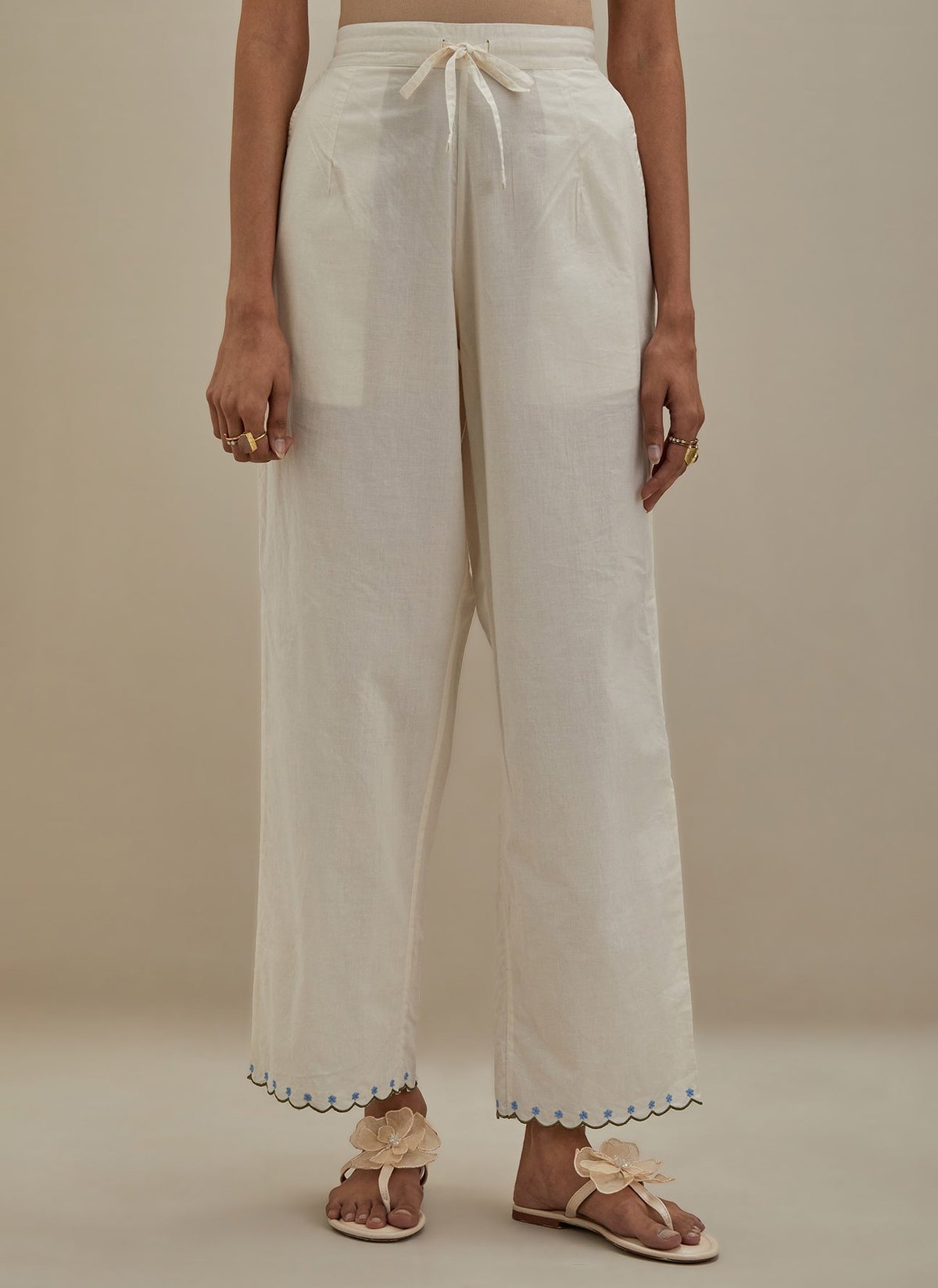 Off White Cotton Pants Block Print