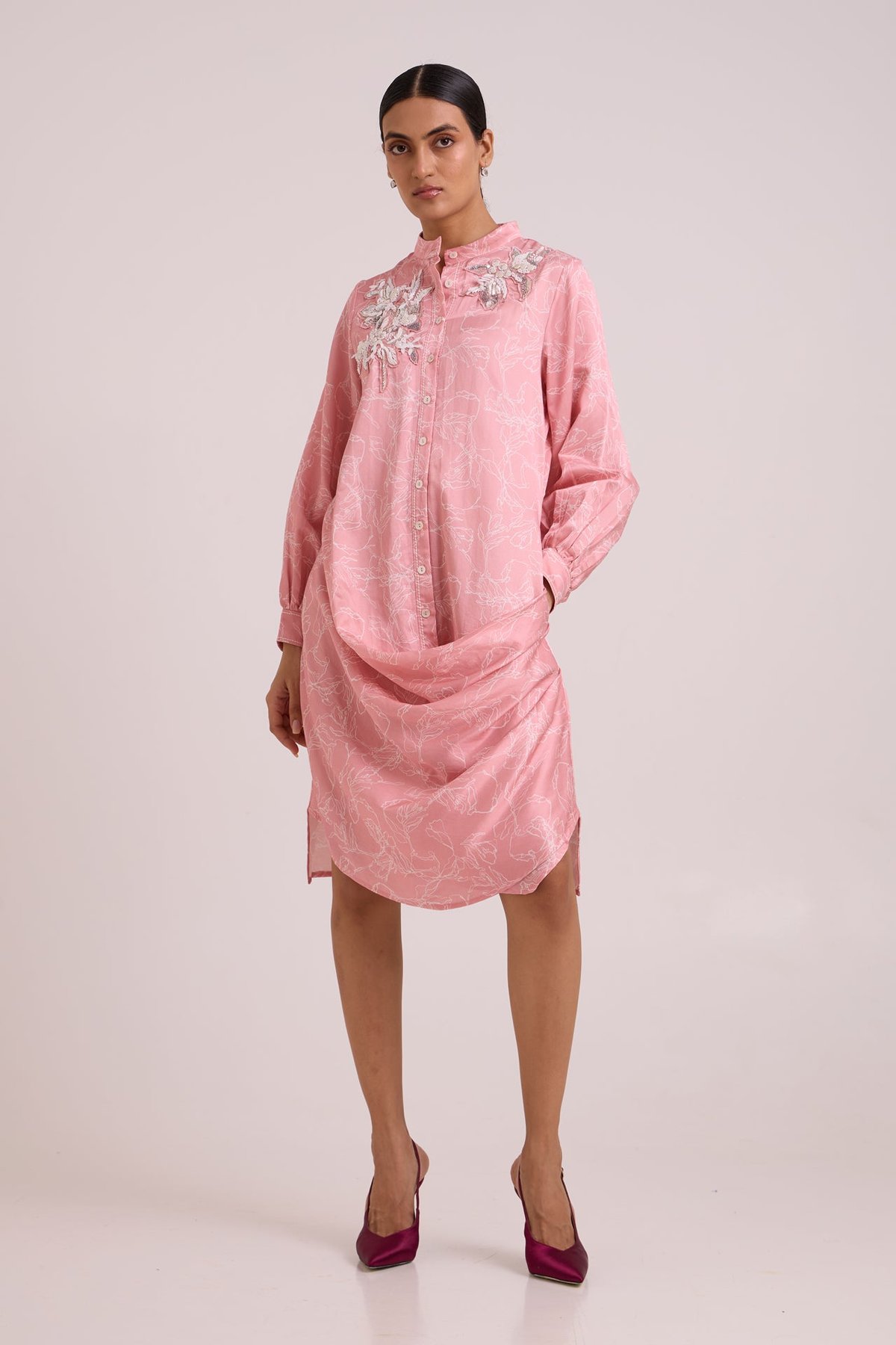 Rose Water Pink Printed Shirt Dress with Yoke Embellishment