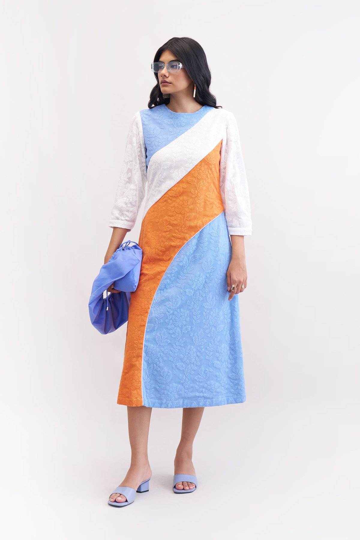 Colorblock Cotton Lace Fit and Flare Midi Dress