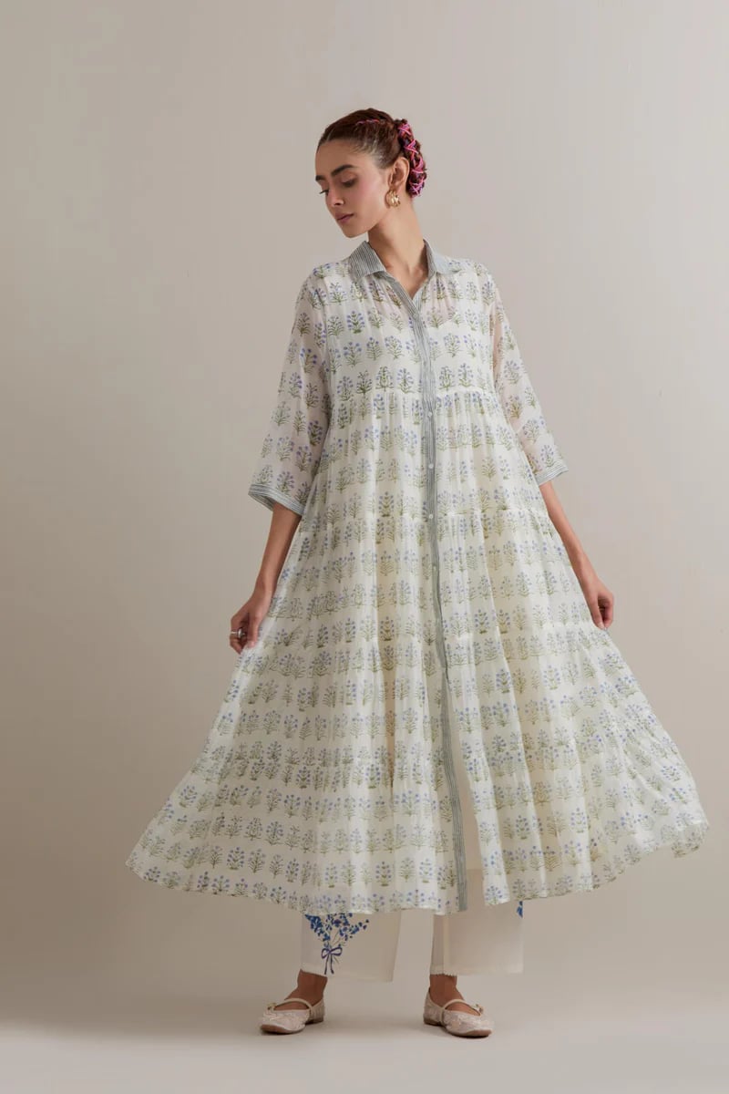 Blue/Green Floral Printed Tiered Kurta Set with Slip