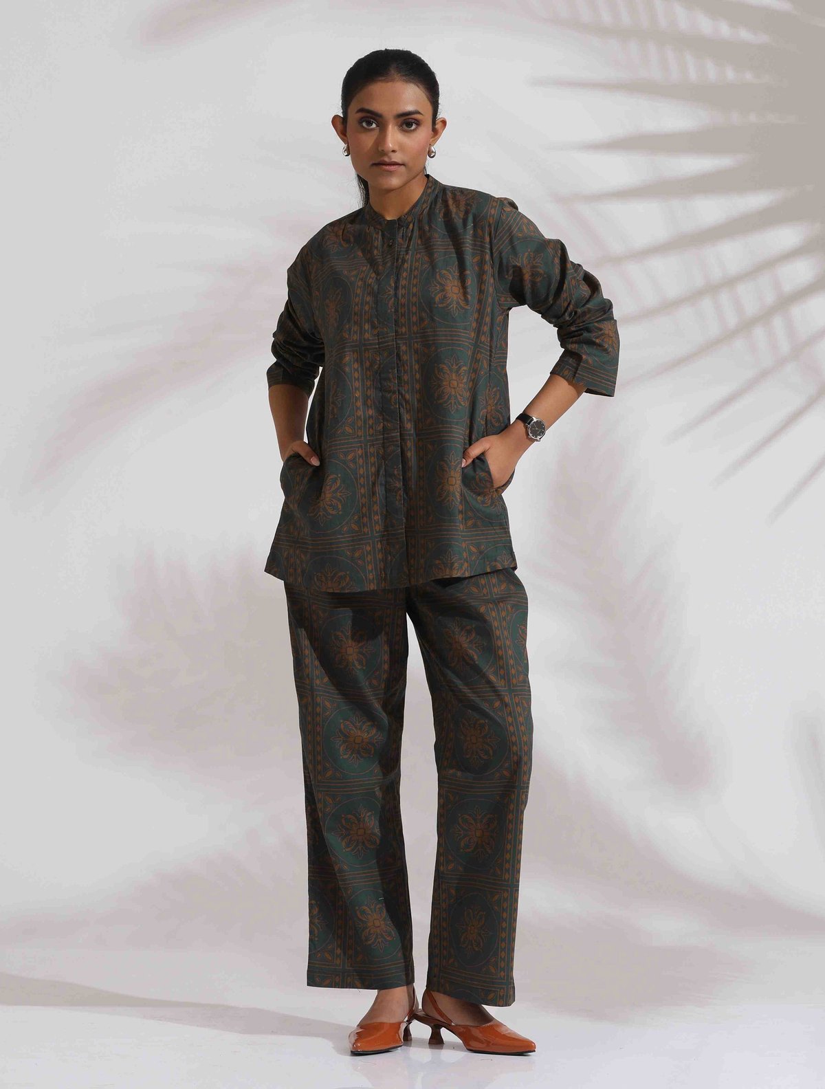 Green Cotton Print Shirt Top & Pants Co-ord Set