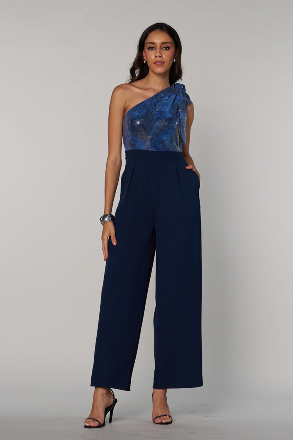 Blue One-Shoulder Sequin Wide-Leg Jumpsuit