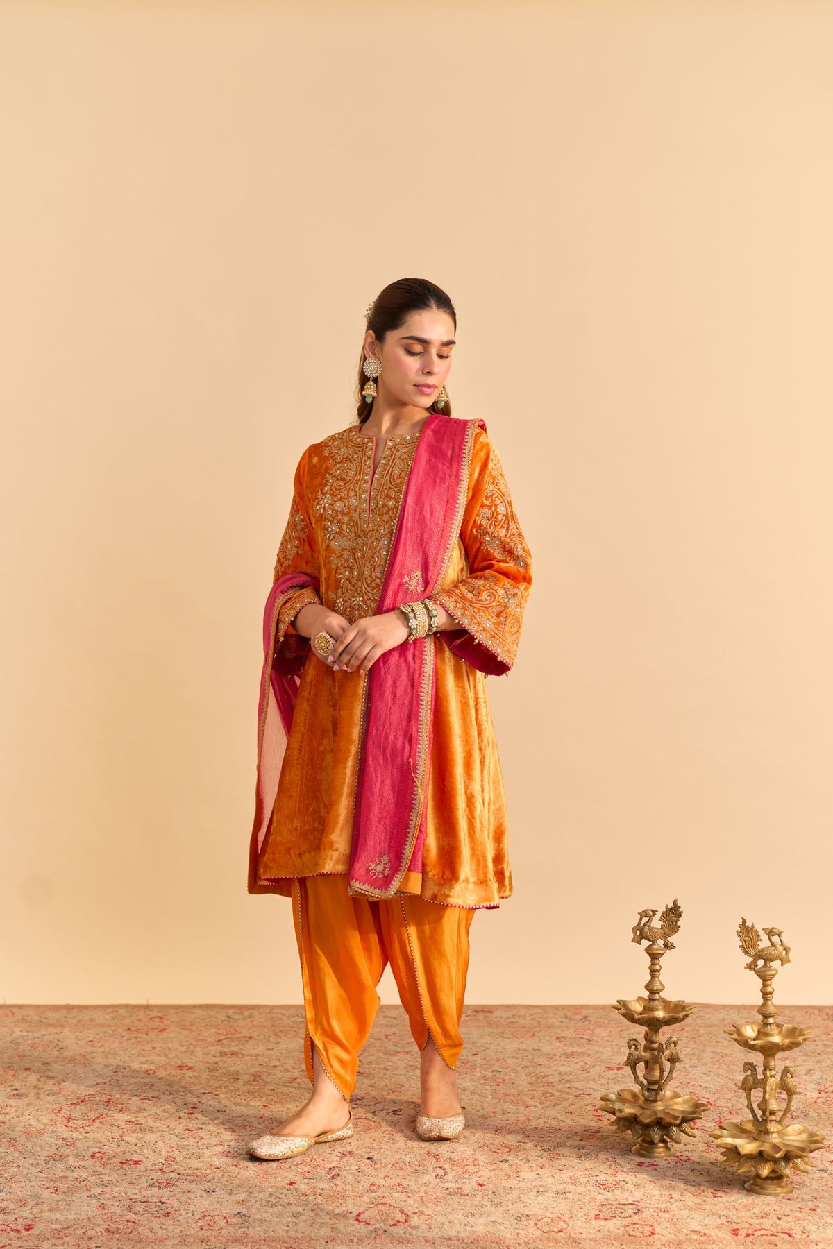 Orange Silk Velvet A-Line Kurta Set with Dhoti