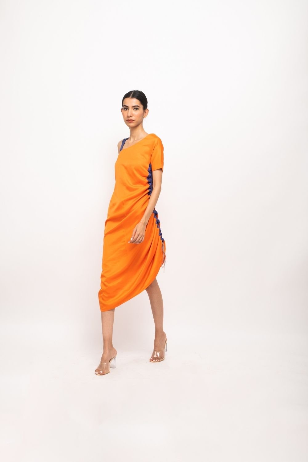 Orange-Blue One-Shoulder Ruched Midi Dress