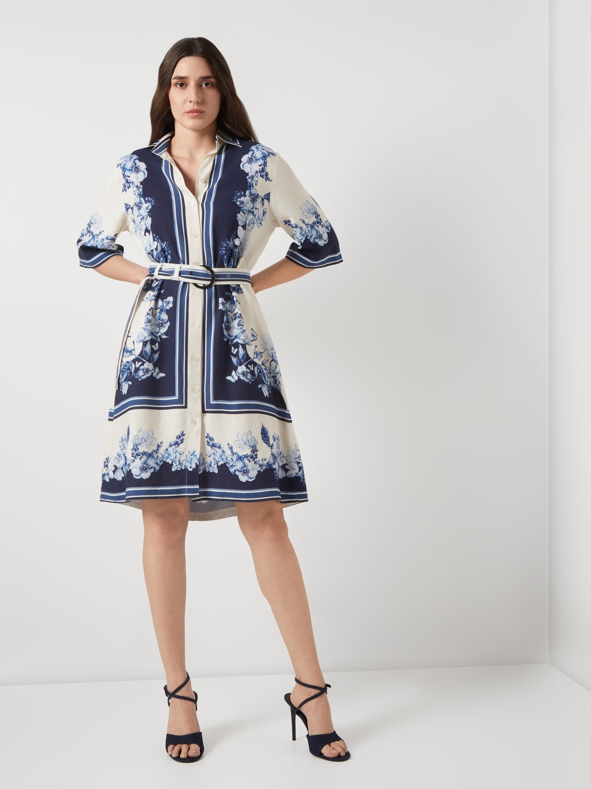 Cream and Navy Colorblock Floral Belted Shirt Dress
