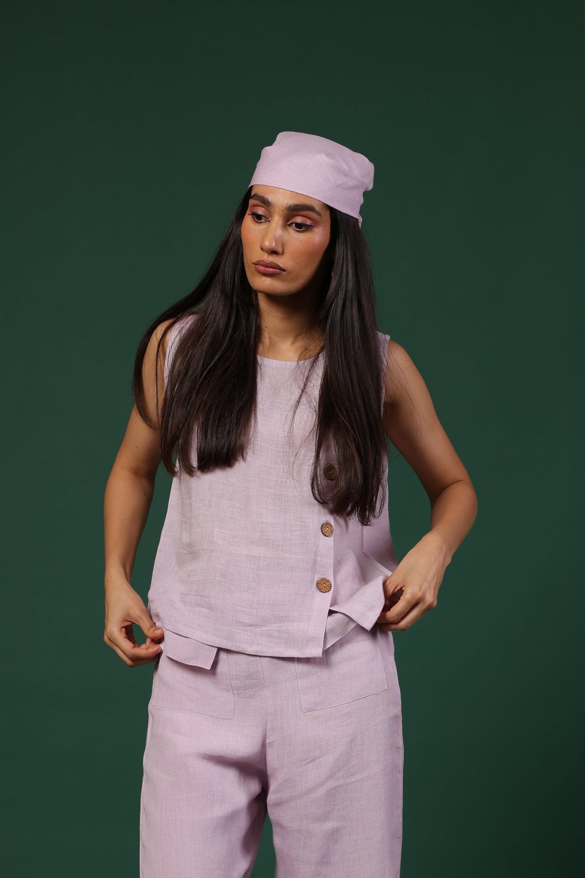 Lilac Linen Sleeveless Button-Front Top