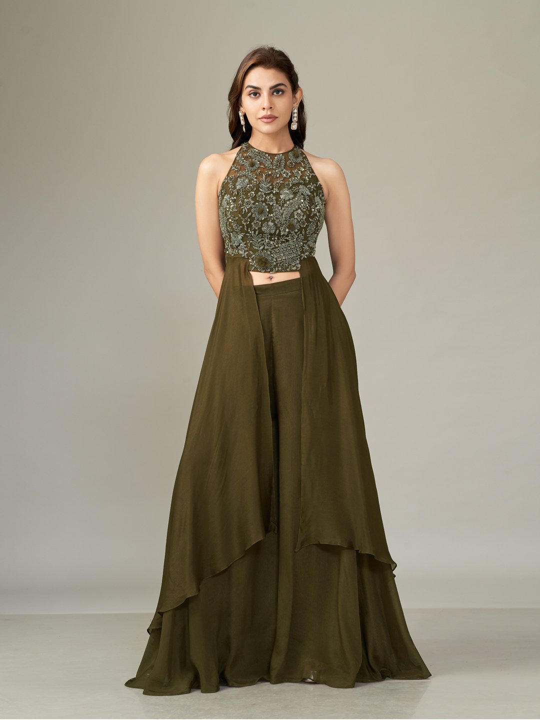 Green Embellished Halter Co-ord Set with Wide-Leg Pants