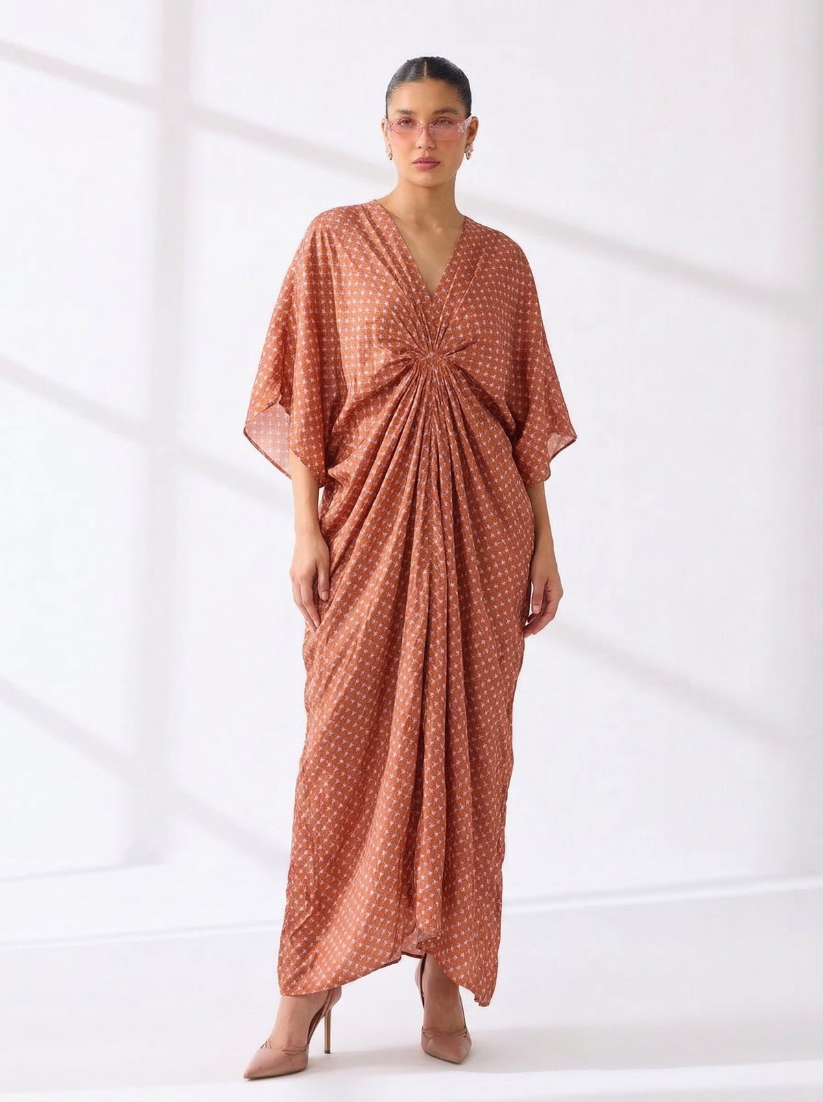 Rust Tessera Geometric Print Draped Maxi Kaftan