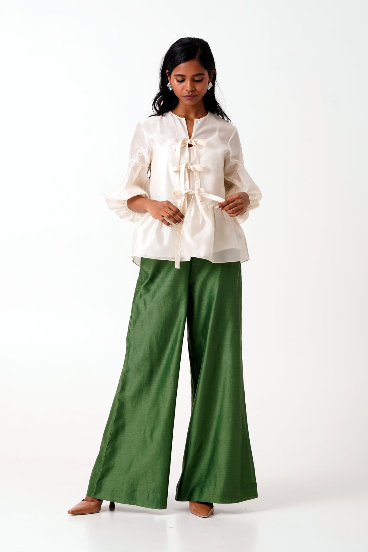 Ivory Tie-Up Peplum Top and Pine Green Pants Co-ord Set