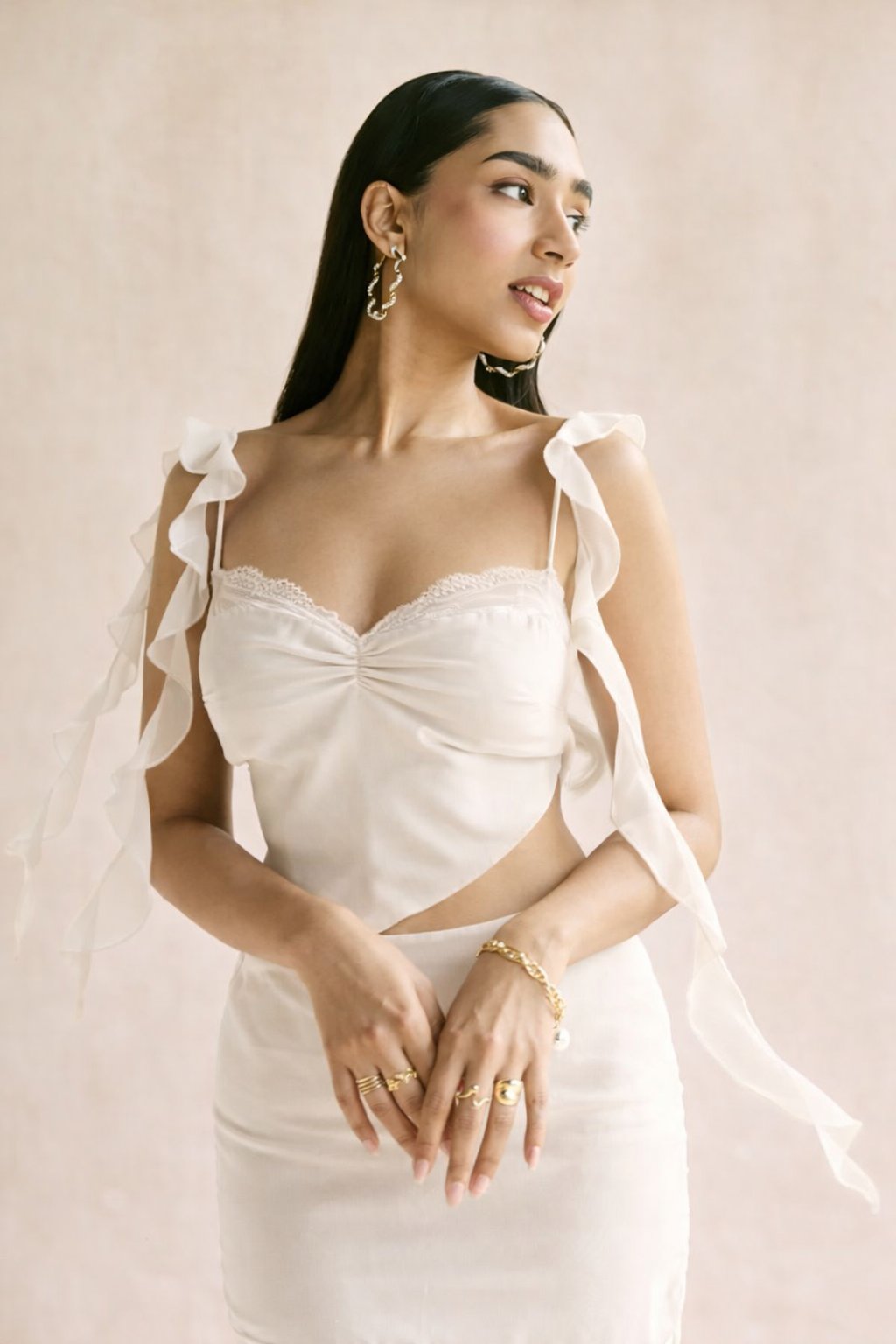 White Sweetheart Ruffle Strap Georgette Crop Top