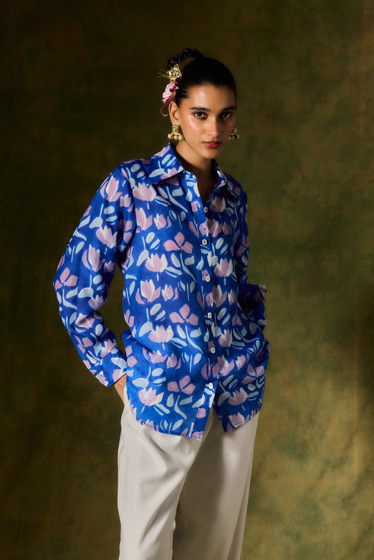 Blue Printed Silk Button-Down Shirt with Full Sleeves