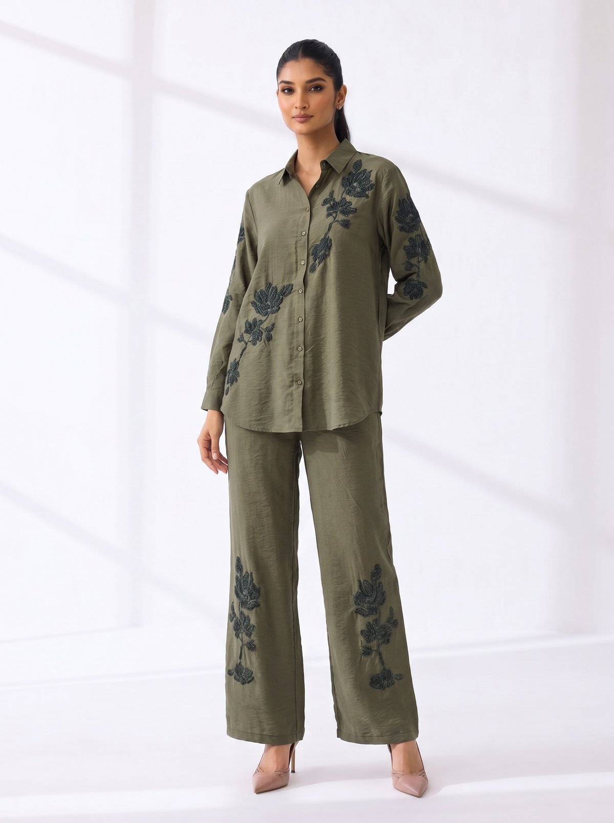 Green Embroidered Shirt and Wide-Leg Pants Co-ord Set