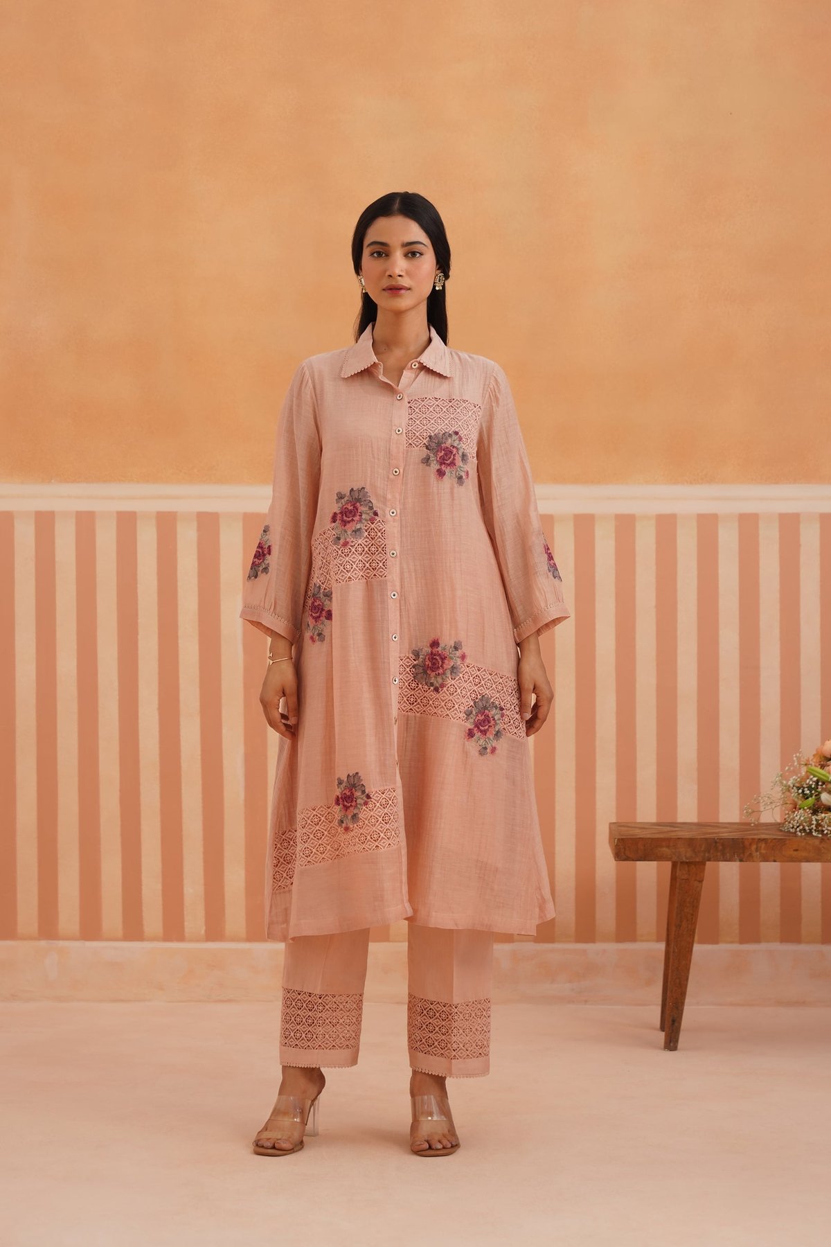 Chanderi Four Lace Panel Shirt Kurta Set