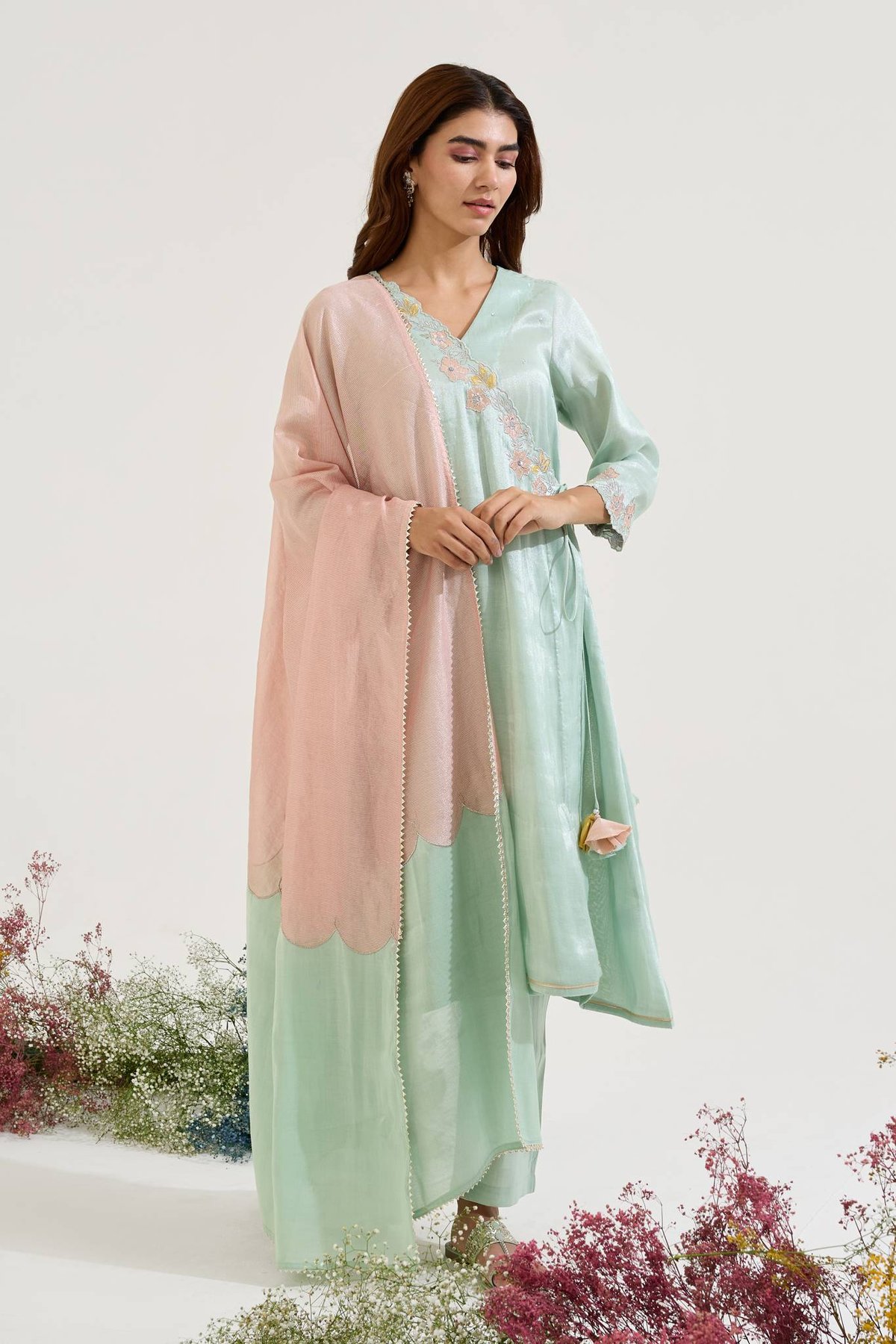 Mint Floral Zari Dupatta