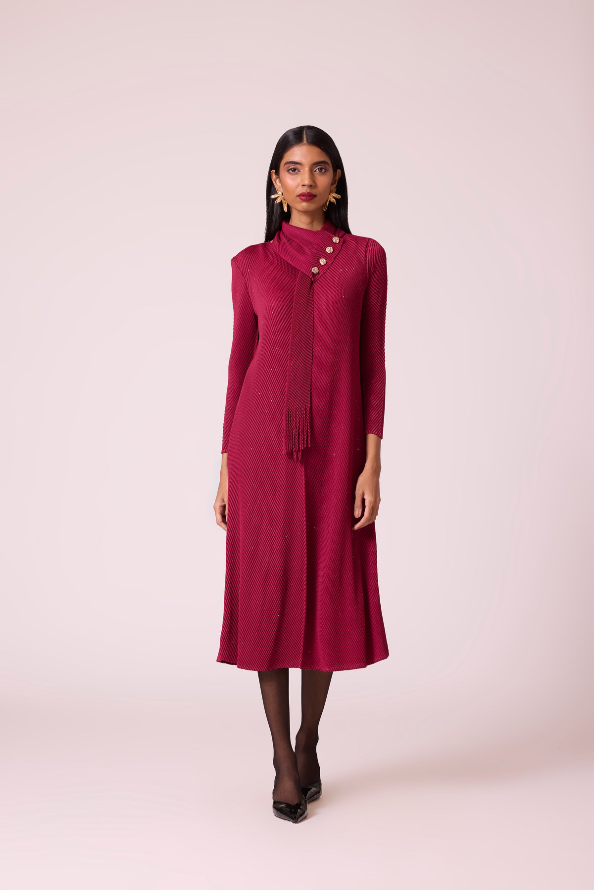 Crimson Red Pleated Midi Shift Dress with Scarf Neck