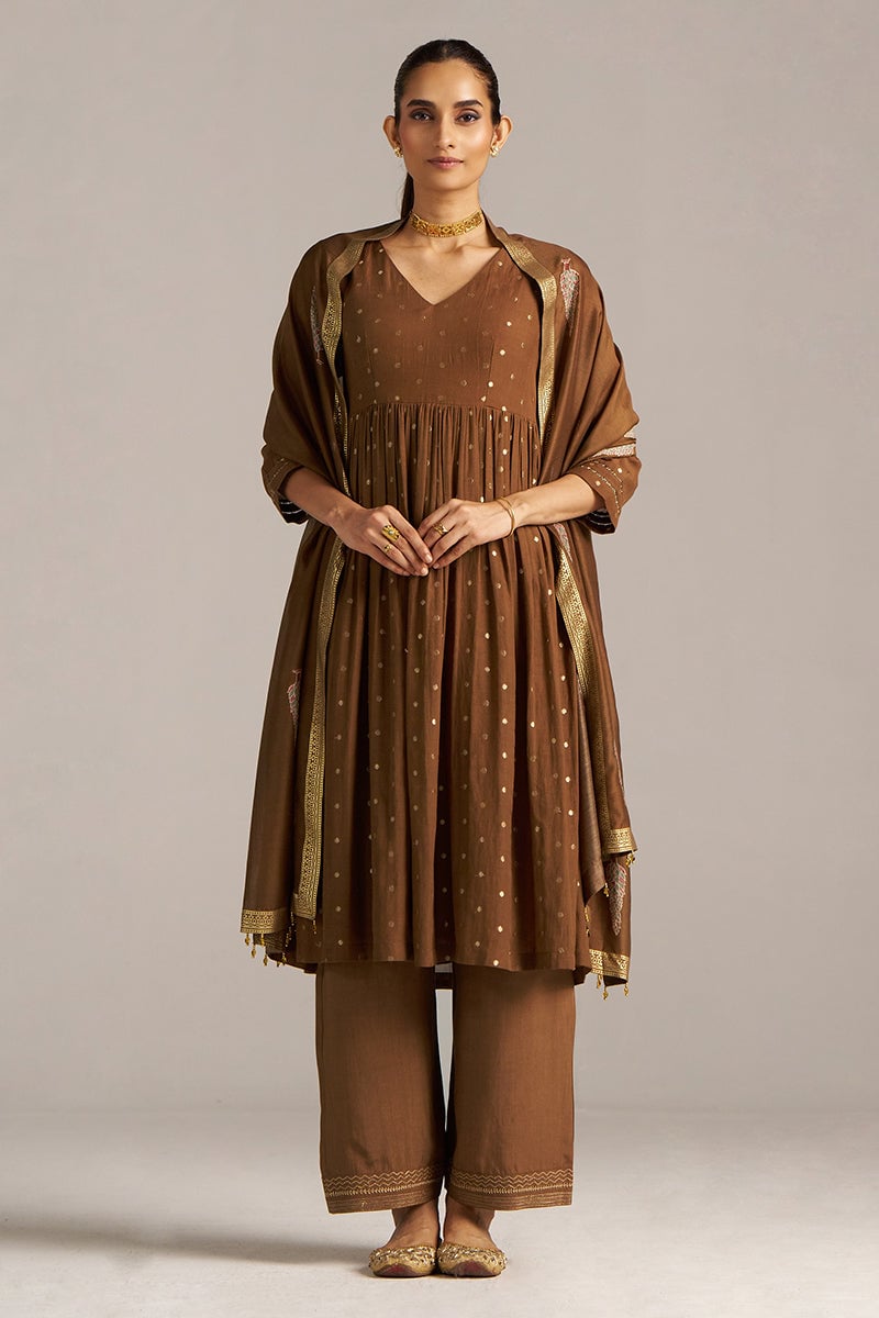 Toffee Zari Woven A-Line Kurta Set with Dupatta