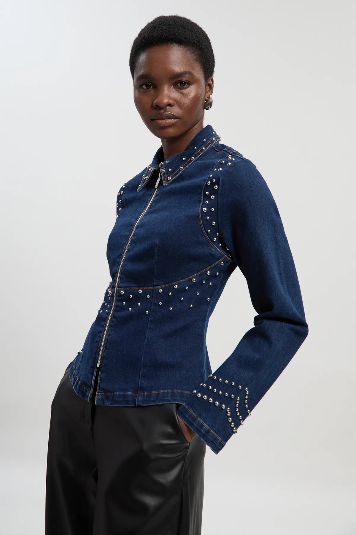 Dark Blue Studded Zip-Front Denim-Look Jacket