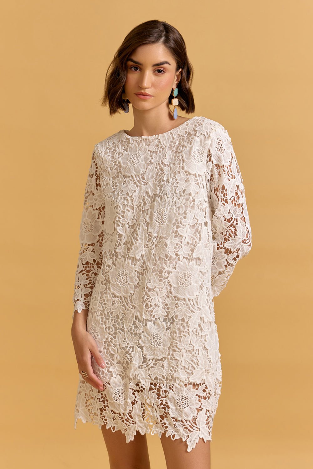 White Lace Boat Neck Mini Dress with 3/4 Sleeves