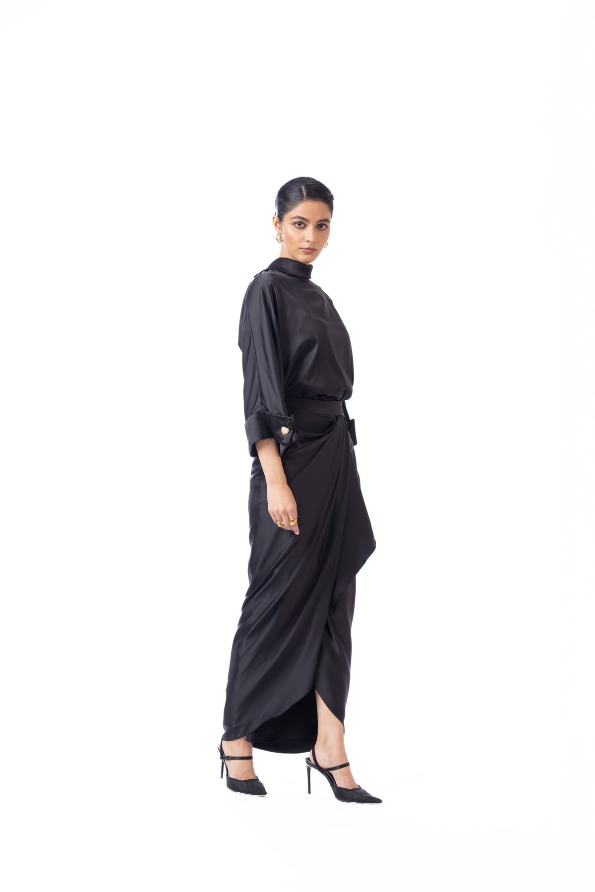 Black Satin Reversible Back-Button Oversized Shirt