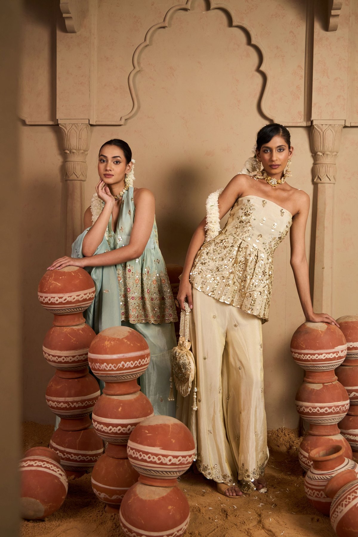 Ivory Embroidered Bandeau Top and Sharara Co-ord Set