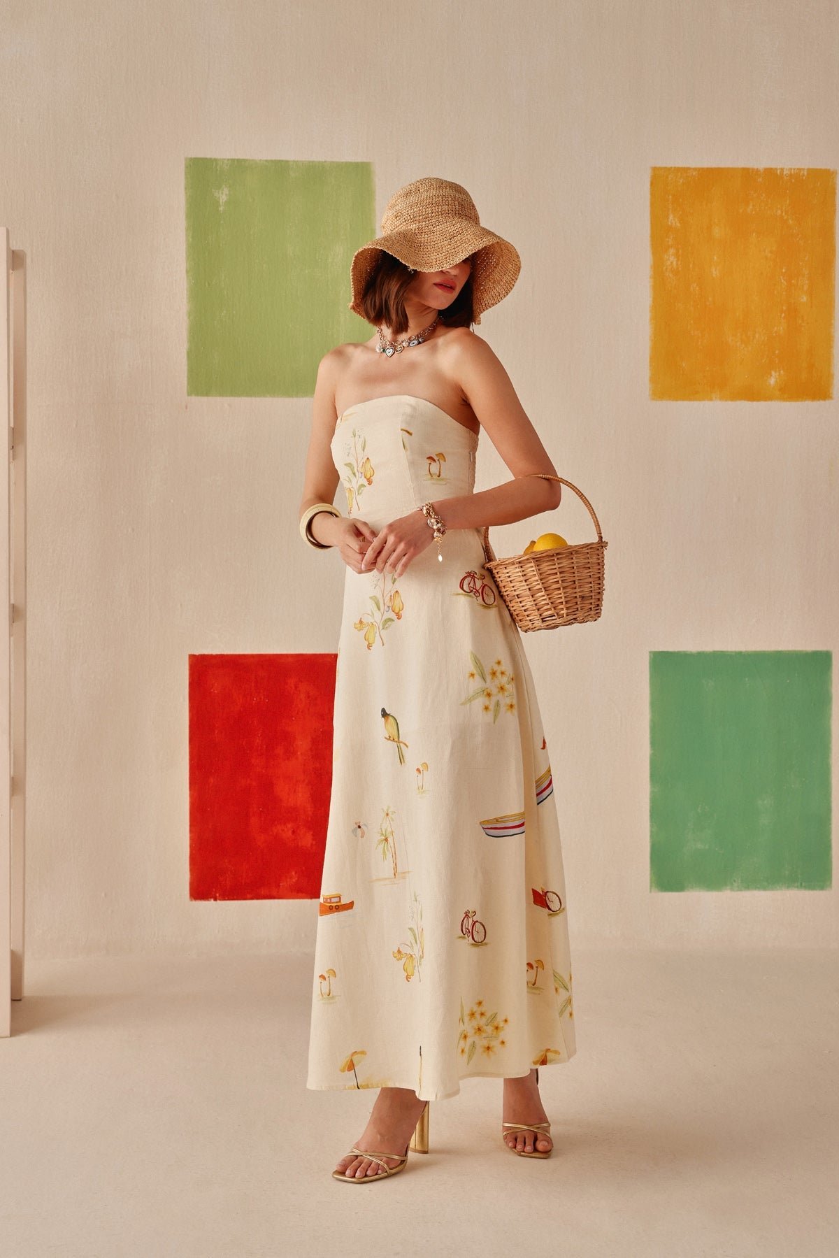 Cream Strapless Printed Cotton Linen Maxi Dress