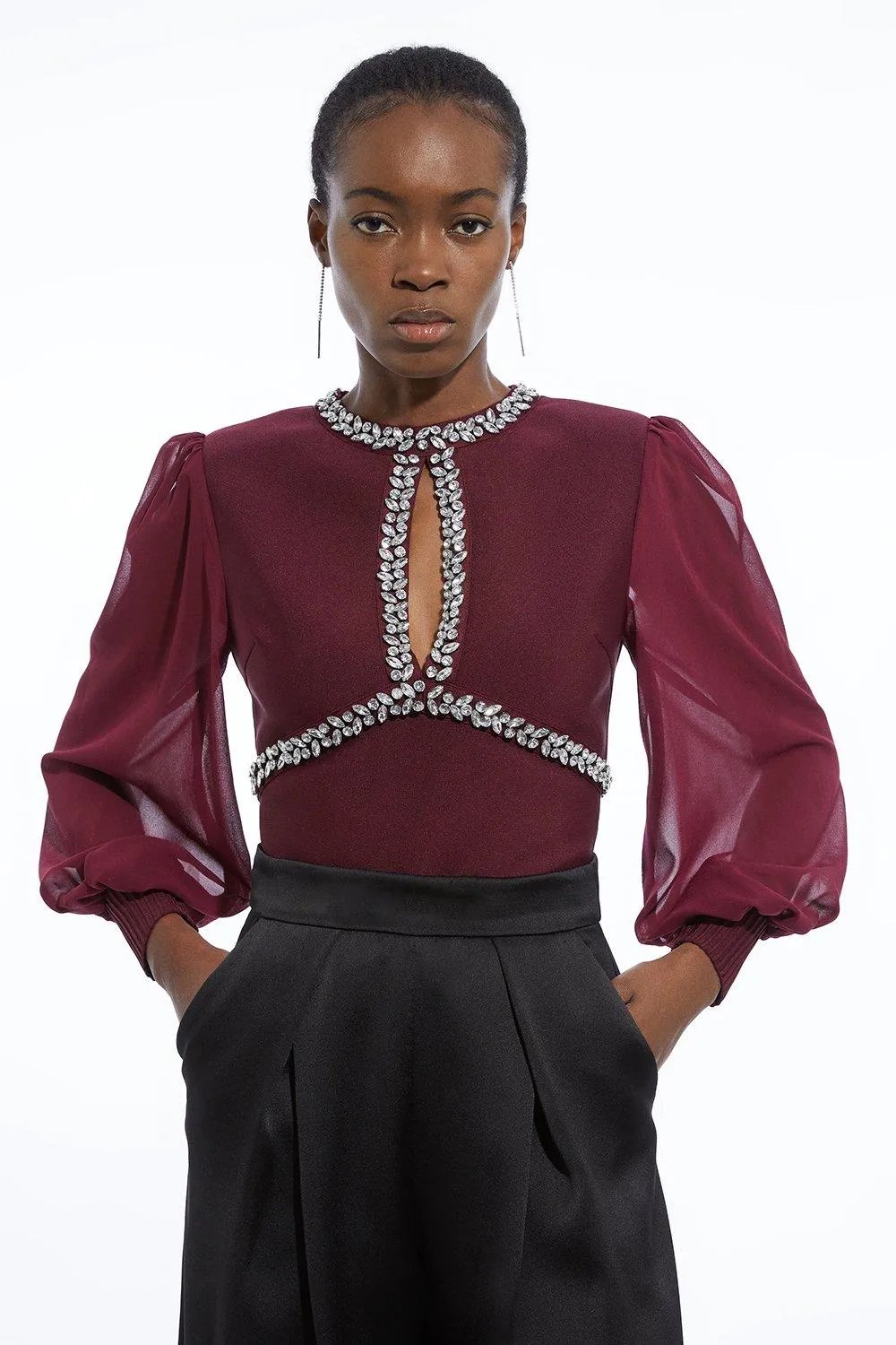 Burgundy Crystal-Trim Keyhole Fitted Top