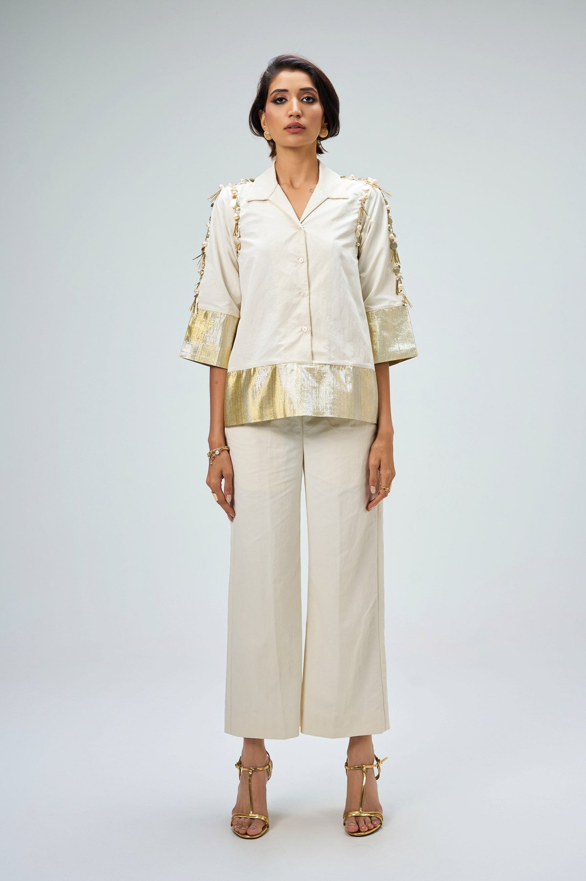 Ivory and Gold Embellished Shirt and Wide-Leg Co-ord Set