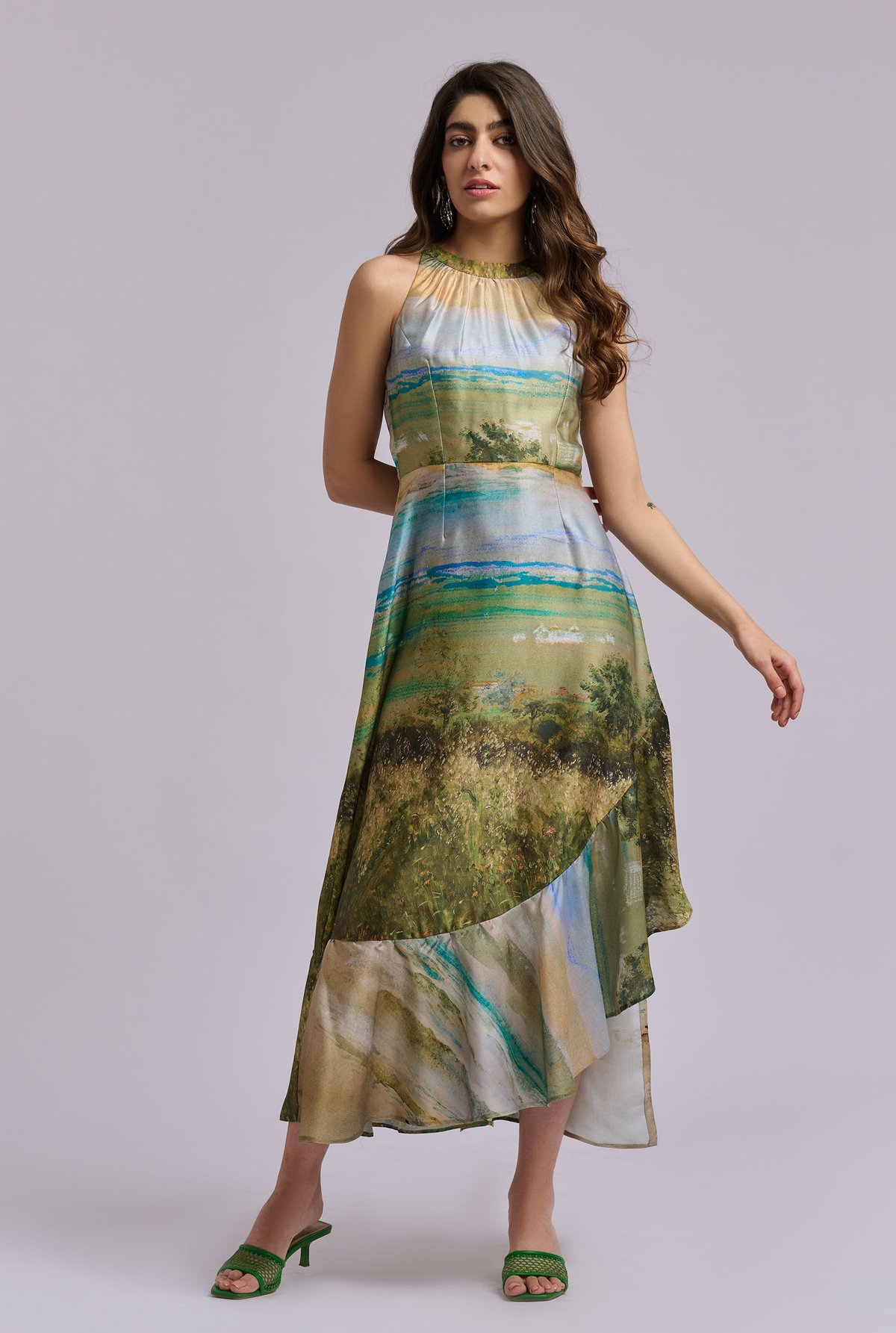 Scenery Print Halter Neck Fit and Flare Midi Dress
