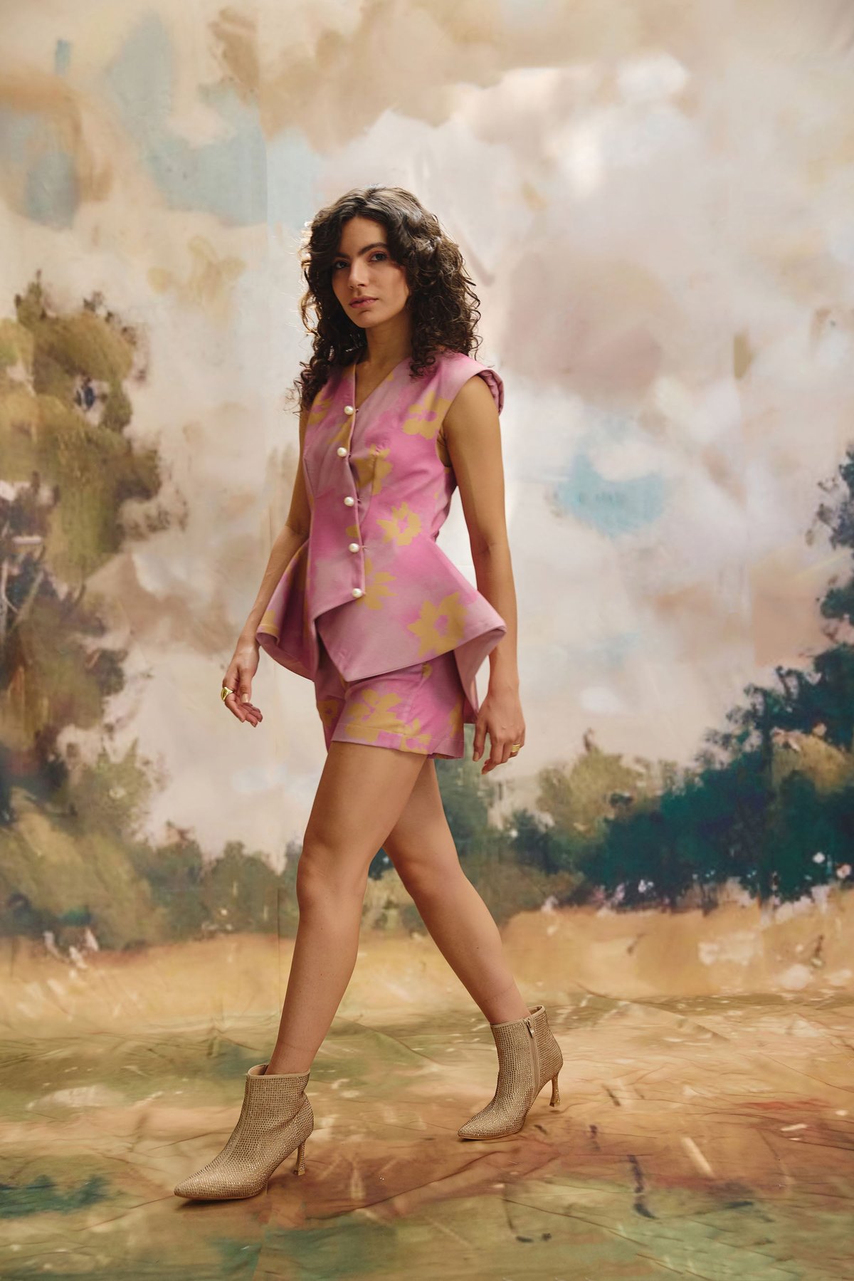 Multicolor Pink and Yellow Printed Linen Shorts