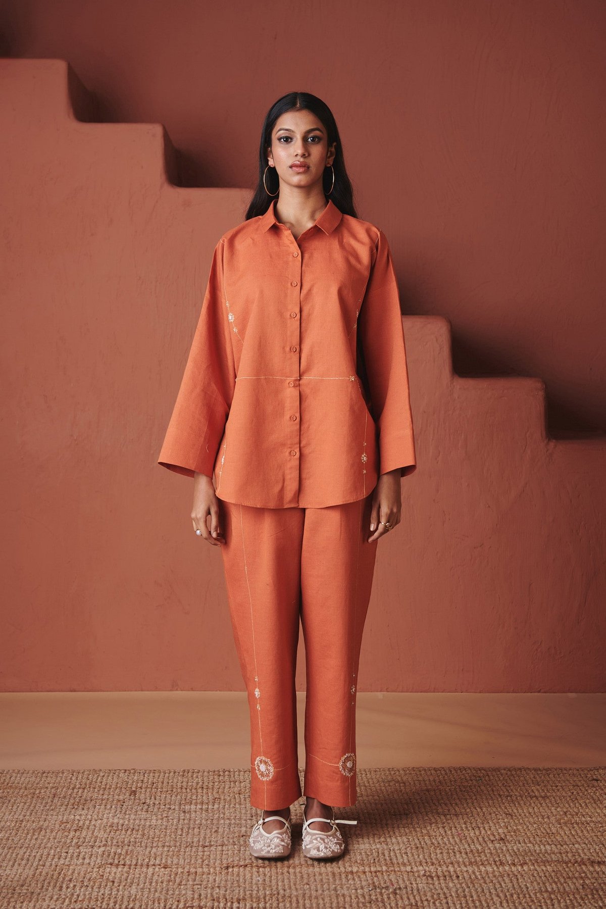 Orange Cotton-Linen Shirt and Pants Co-ord Set