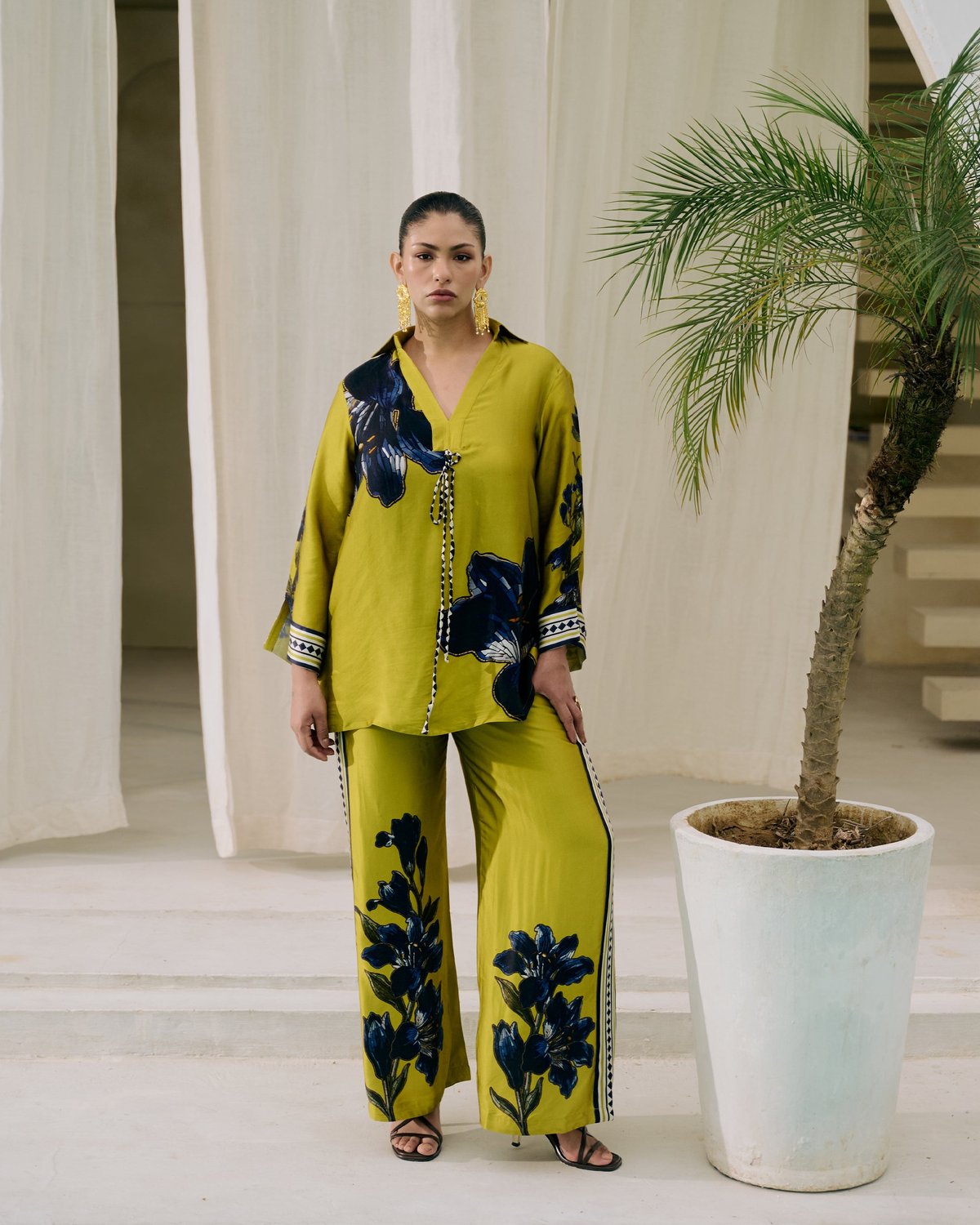 Green Wide-Leg High-Waist Floral Printed Trousers