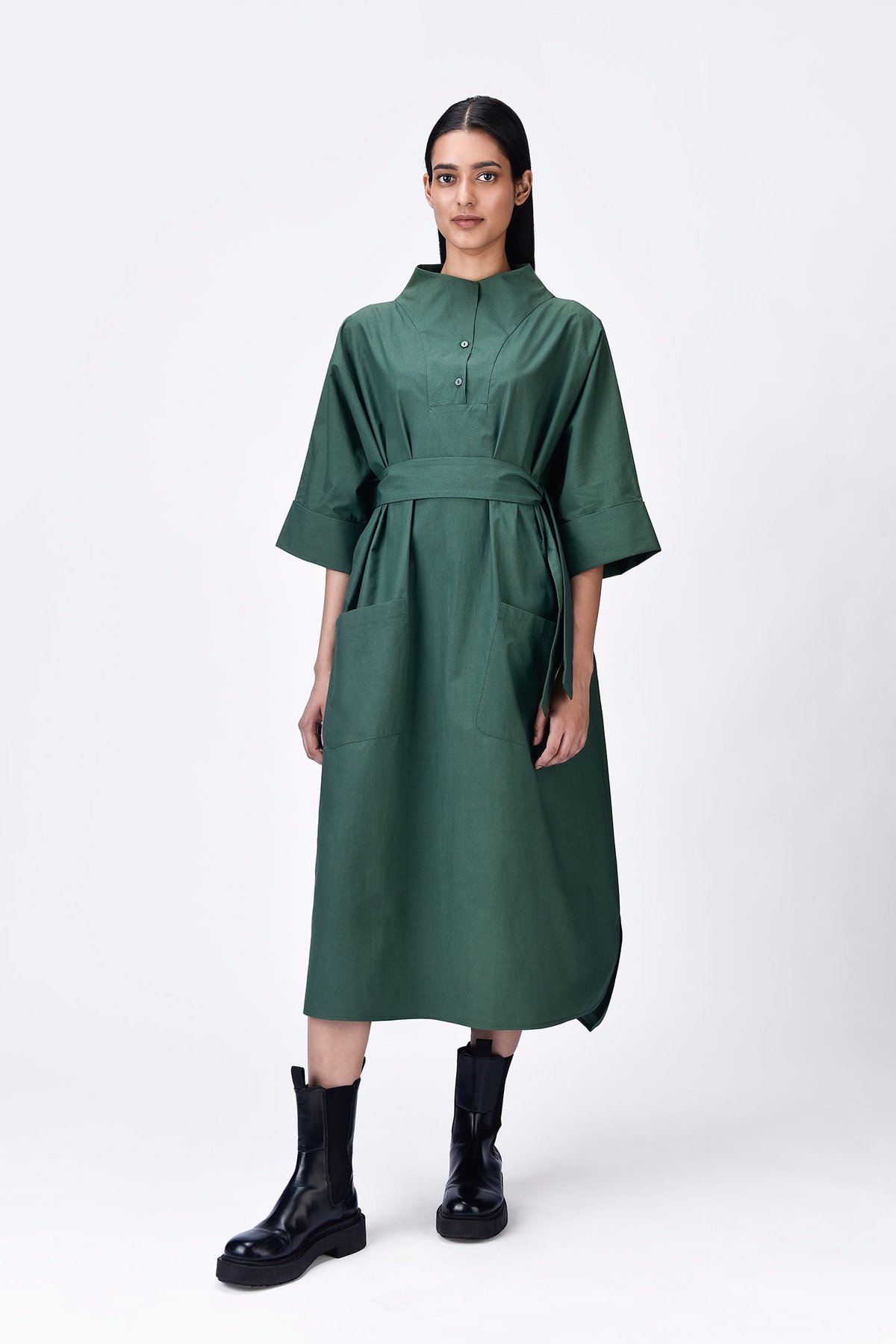 Pine Green Oversized Cotton Poplin Maxi Shirt Dress