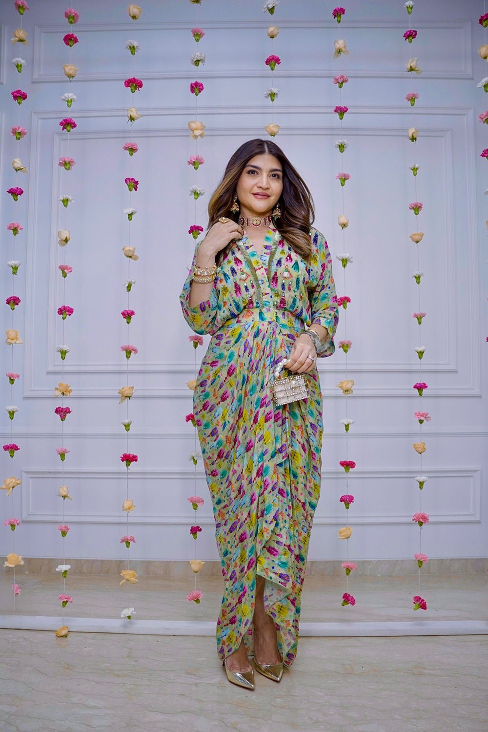 Green Ikat Print Draped Maxi Dress with Mirror Work