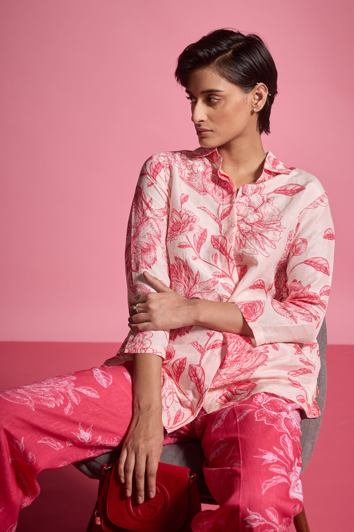 Peach Floral Print Relaxed Fit Shirt with 3/4 Sleeves