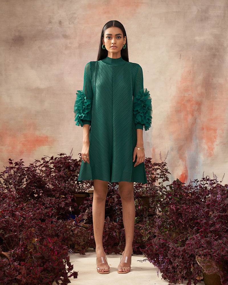 Green High Neck Pleated A-Line Dress with Flower Sleeves