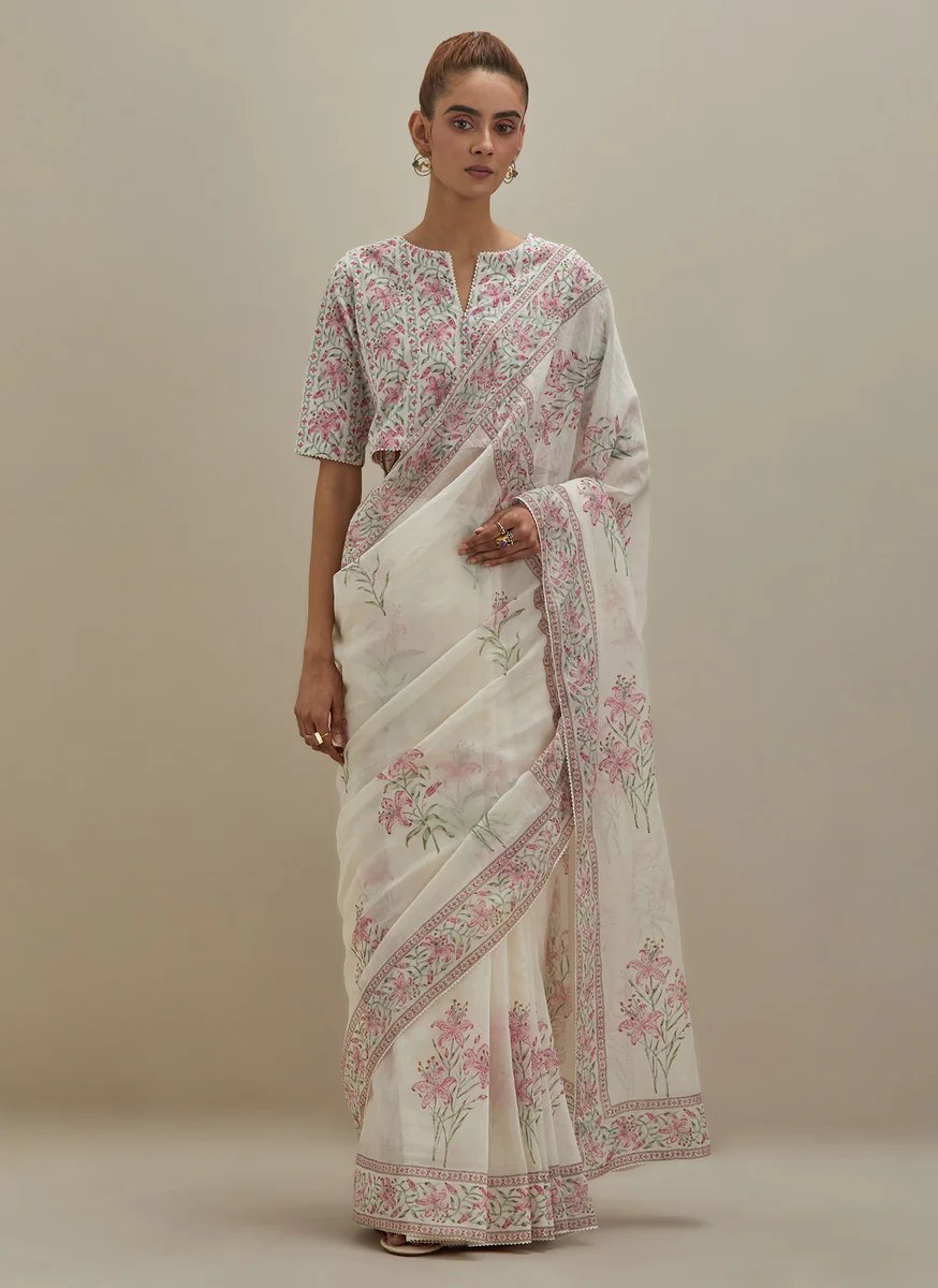 Off White Chanderi Saree Set Block Print