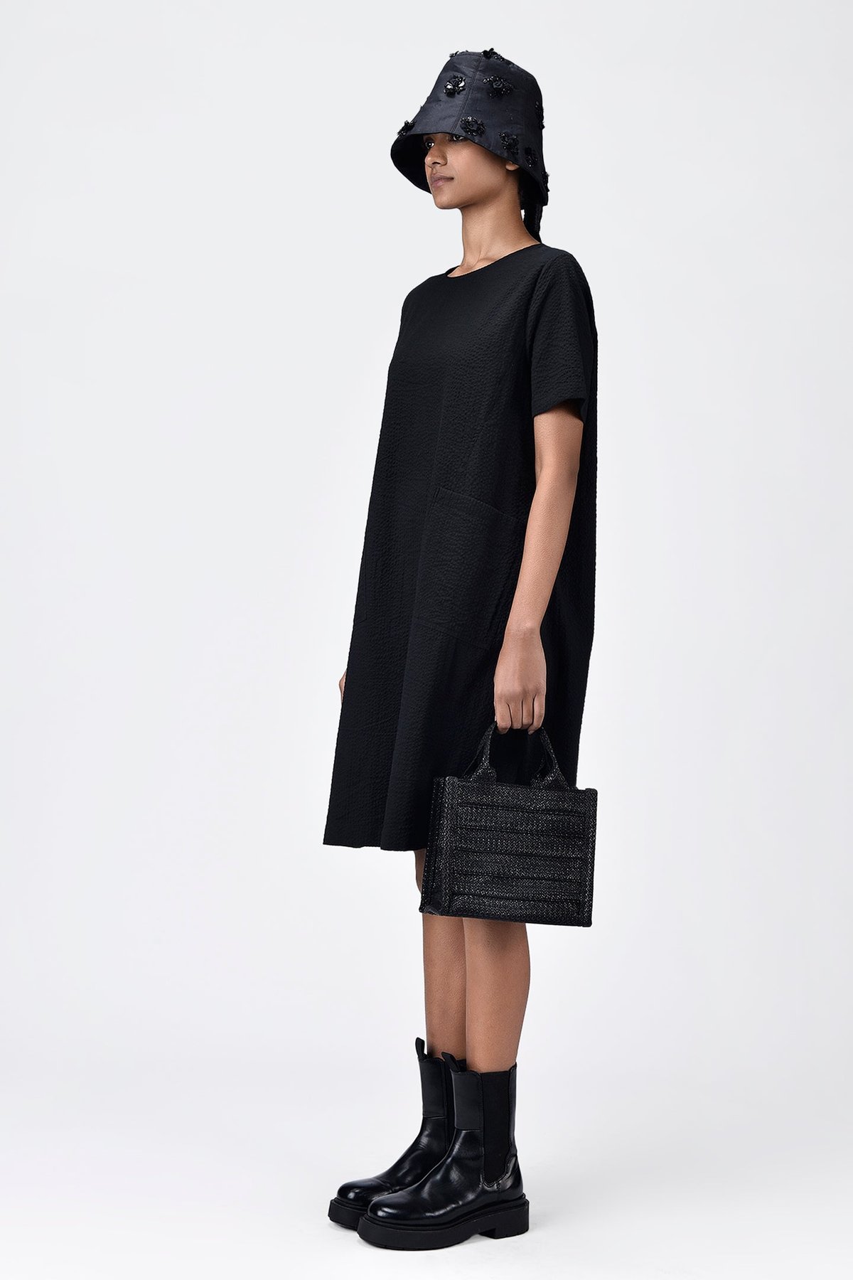 Black Textured Seersucker Shift Dress with Patch Pockets