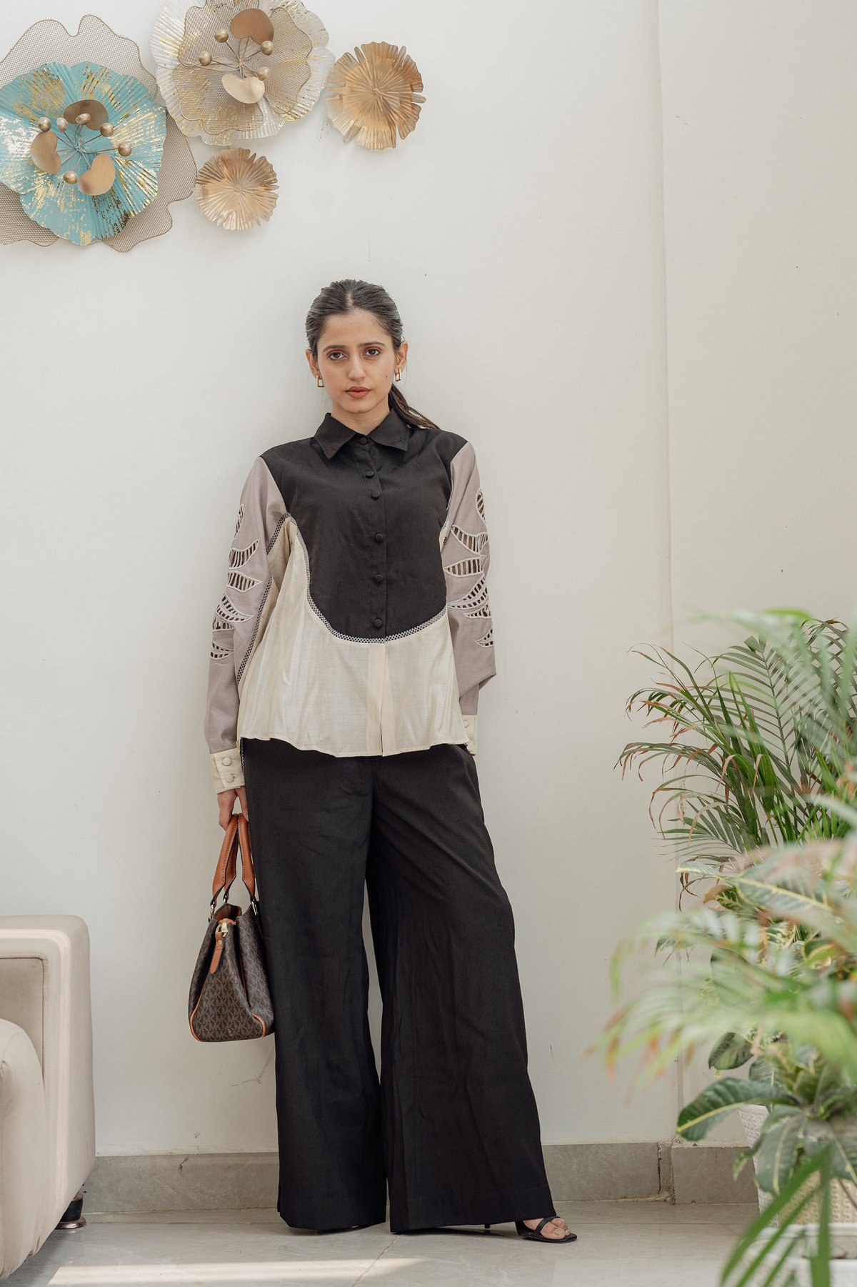 Black Colorblock Shirt and Wide-Leg Pants Co-ord Set