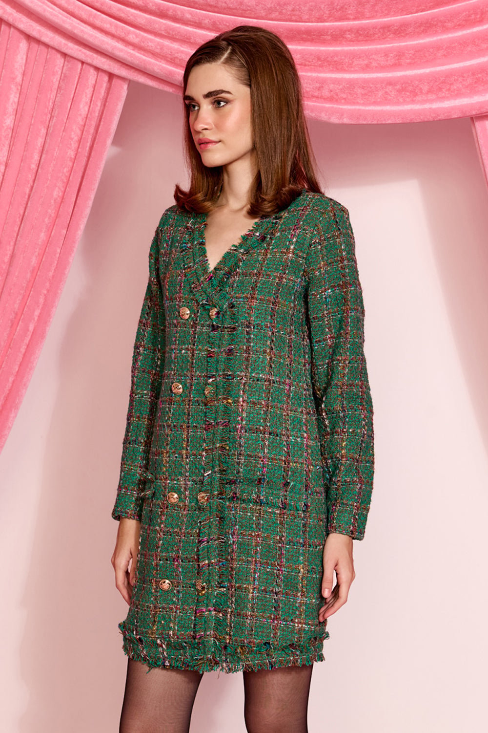 Green Tweed Checked Double-Breasted Mini Dress