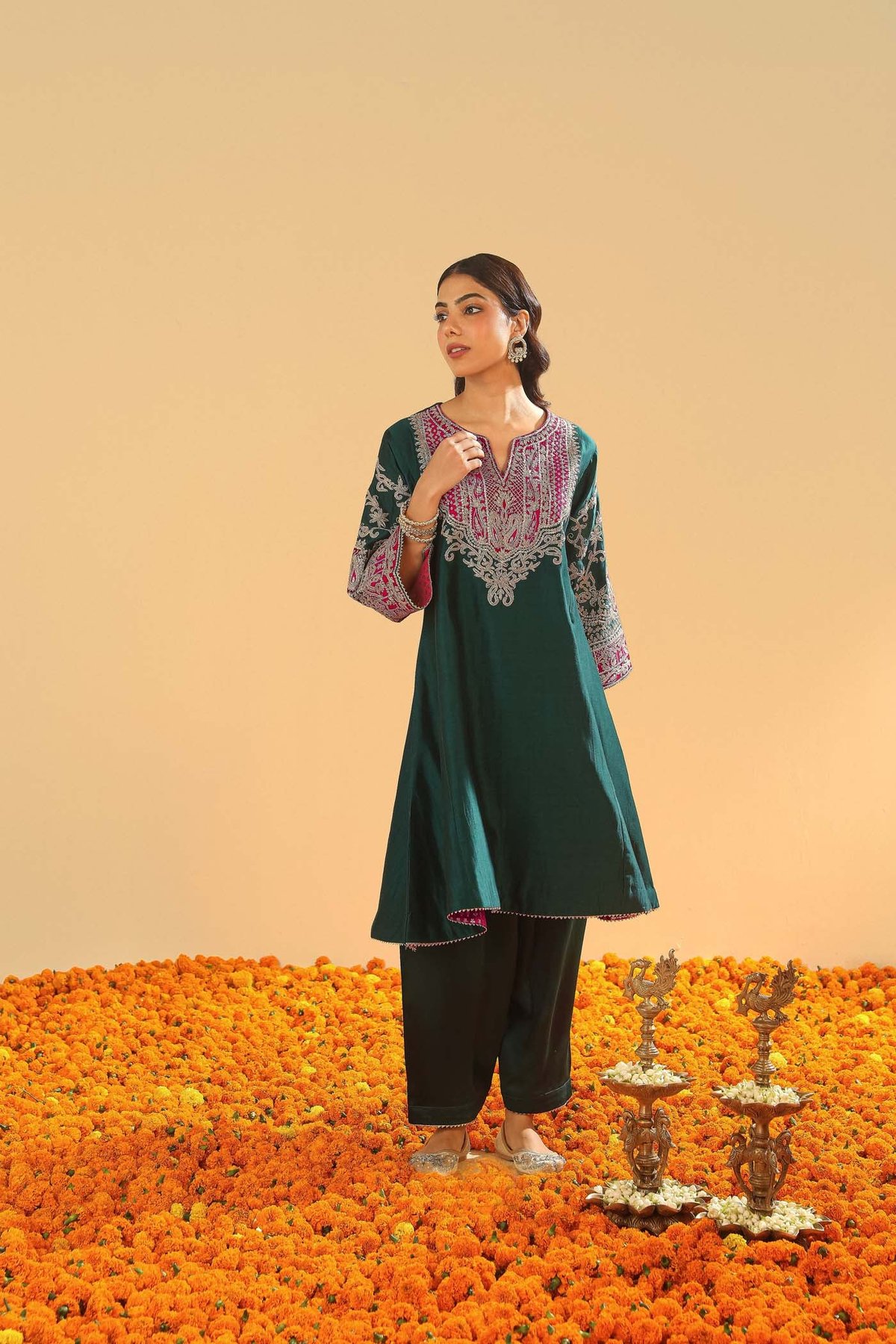 Emerald Green Embroidered Kalidaar Kurta Set with Salwar