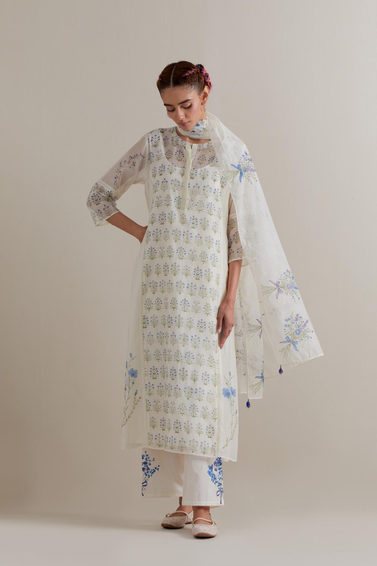 Off-White Floral Block Print Cotton Chanderi Kurta Set